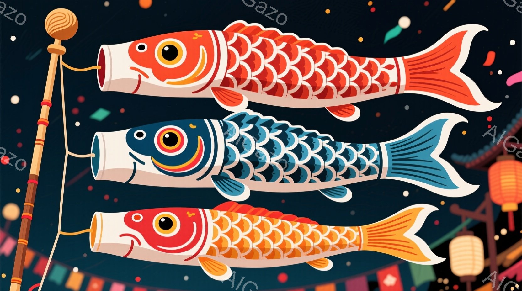 深い青色の背景に、鯉のぼりが三匹並んで描かれています。それぞれの鯉のぼりは異なる色合いで、オレンジ、青、そして再びオレンジ色です。背景には、提灯や風船のような装飾が散りばめられており、お祭りや子供の日を祝う陽気な雰囲気を醸し出しています。