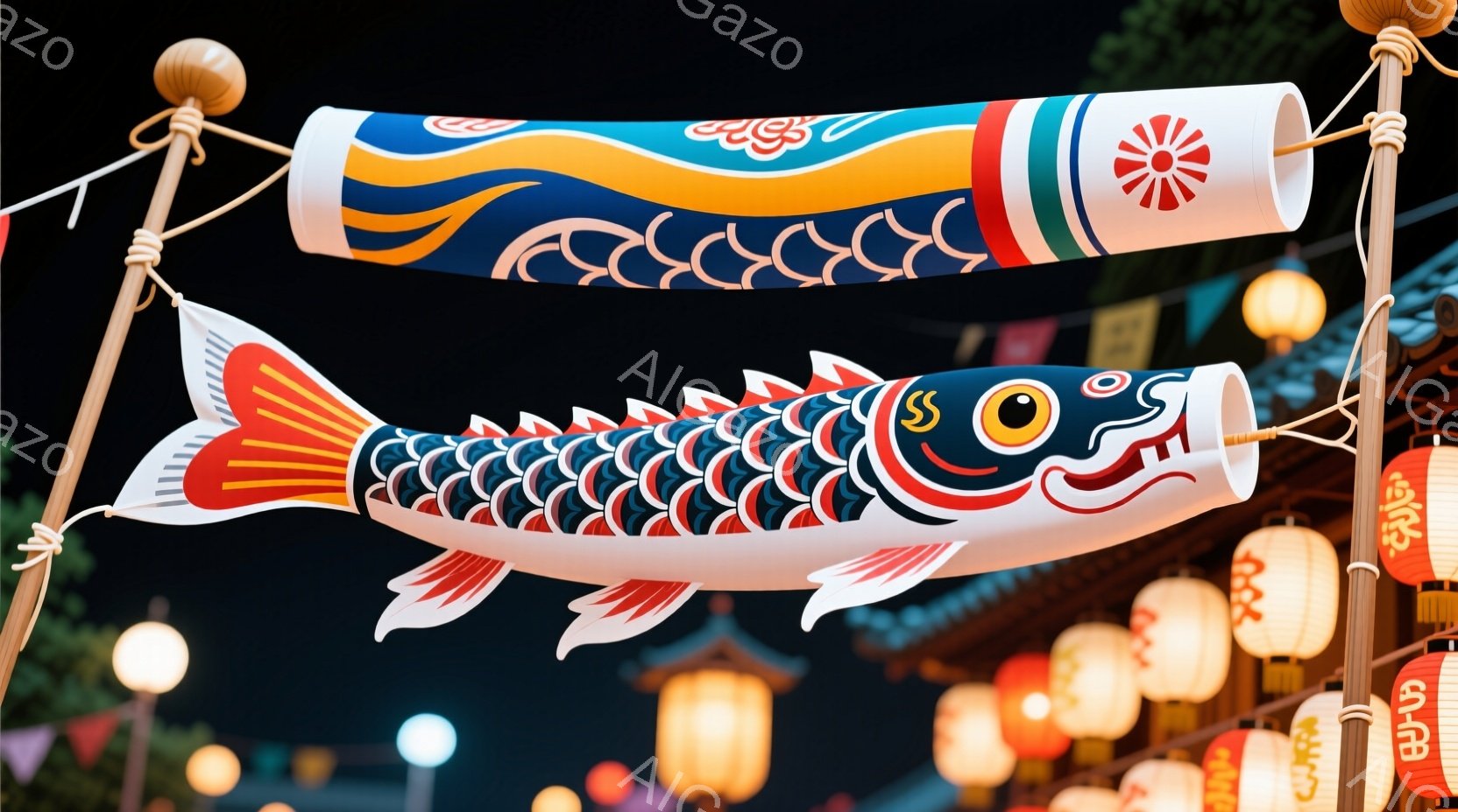 夜空の下、鯉のぼりが空中に飾られています。鮮やかな赤、白、黒、青色の模様が施された鯉は、まるで生きているかのように躍動感があり、お祭りや子供の成長を祝う雰囲気を醸し出しています。背景にはぼんぼりが灯り、幻想的で賑やかなお祭りの光景が広がっています。