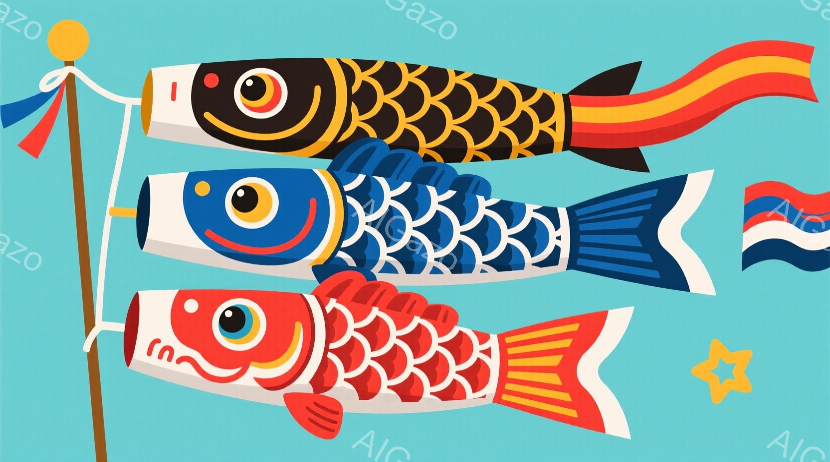 これは、鯉のぼりが3匹、青い空を背景に描かれたイラストです。各鯉のぼりは赤、青、そして黒と白の異なる色と模様を持ち、それぞれが風になびいているように見えます。右下には金色の星が一つ描かれ、全体的に明るく、お祝いの雰囲気を醸し出しています。