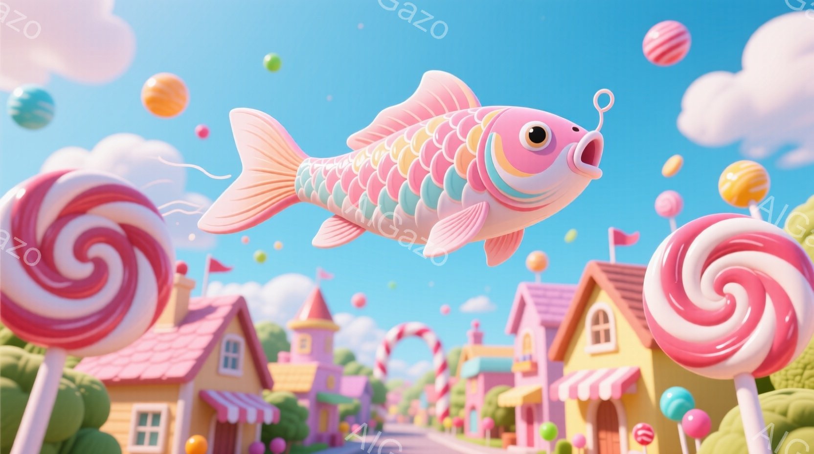 明るいピンクと白を基調としたお菓子の街並みが広がっており、空にはカラフルなキャンディや球状のお菓子が浮かんでいる。ピンク色の可愛らしい鯉が、口を開けて楽しそうに空を飛んでいる様子が描かれている。建物は - AI生成フリー素材