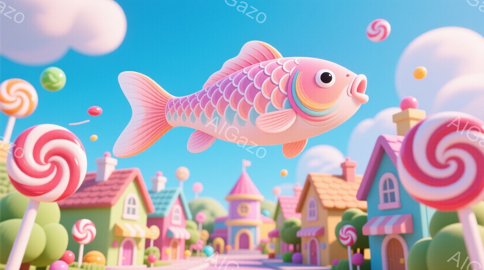 明るい青空の下、カラフルなキャンディと家々が並ぶファンタジーな街並みが広がっています。ピンク色の大きな鯉が空を泳ぎ、まるで夢の中のような可愛らしい光景です。建物はパステルカラーで統一されており、全体的に甘くて優しい雰囲気が漂っています。