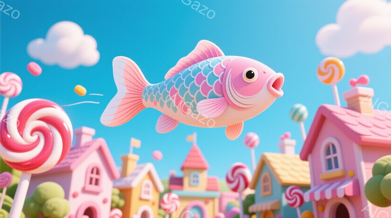 明るい青空の下、ピンク色の可愛らしい鯉が空を泳いでいる。背景には、キャンディーやロリポップで飾られた、パステルカラーのかわいらしい家々が並び、まるで夢のような世界が広がっている。全体的に甘くてカラフル - AI生成フリー素材