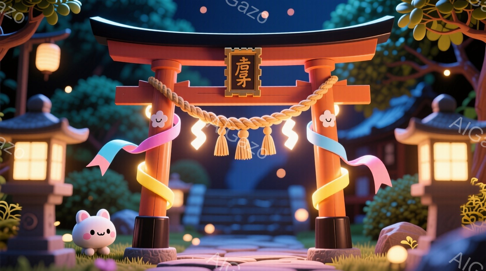 鮮やかな朱色の鳥居が中央に位置し、夜空の下で柔らかな光を放っています。鳥居には「鳥居」という文字が書かれた提灯が飾られ、ピンクと水色のリボンが結ばれています。背景には、日本の伝統的な建物と緑豊かな自然 - AI生成フリー素材