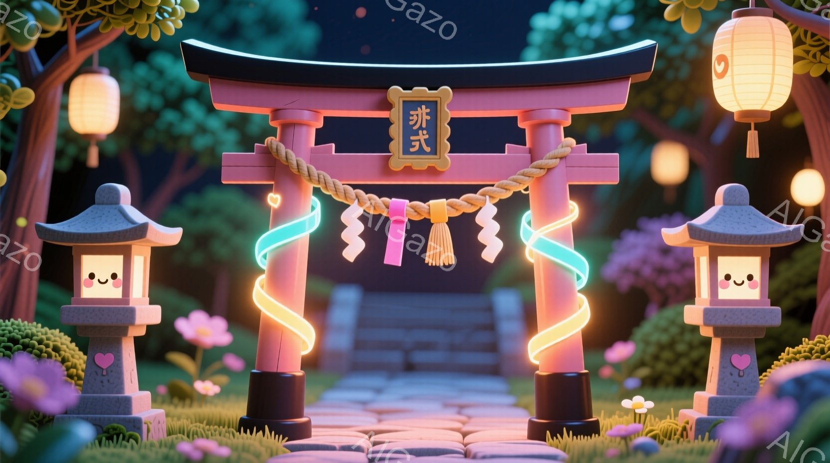 夜の桜並木に、可愛らしい鳥居が灯されています。鳥居には、ピンクと青のリボンが飾られ、両脇には笑顔のランタンが置かれ、全体的に暖かく、ファンタジーのような雰囲気です。背景には、柔らかな光に照らされた緑豊 - AI生成フリー素材
