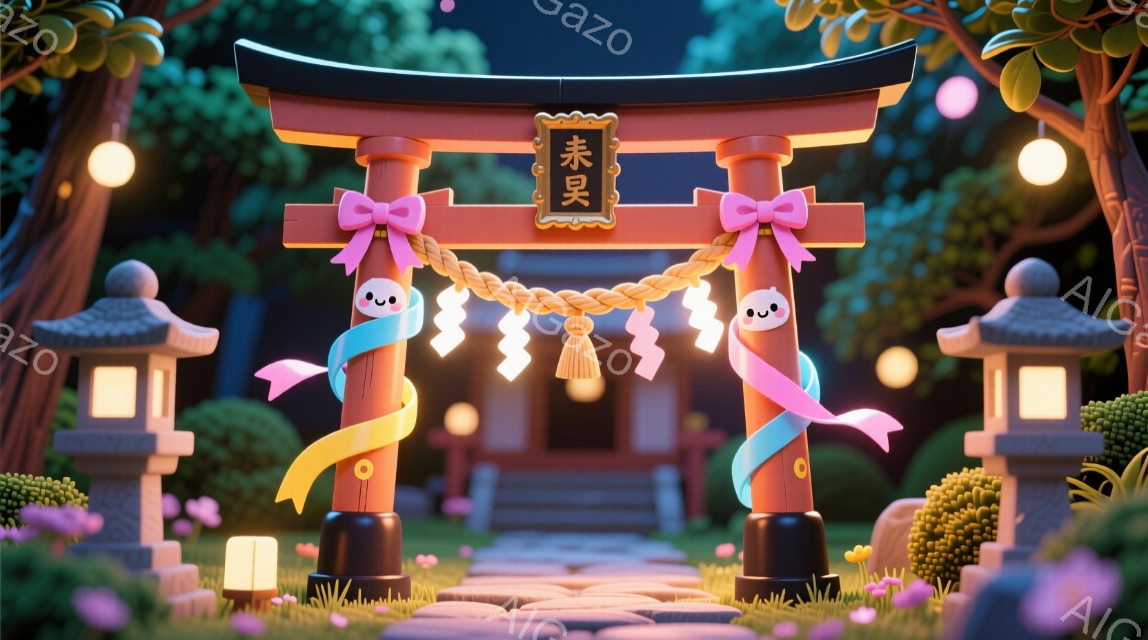 鳥居が中央にあり、鮮やかなオレンジと水色のリボンで飾られています。背景には、石畳の道、緑豊かな植物、そしてぼんやりと見える建物があり、夜の穏やかな雰囲気を醸し出しています。全体的に、可愛らしく幻想的な - AI生成フリー素材