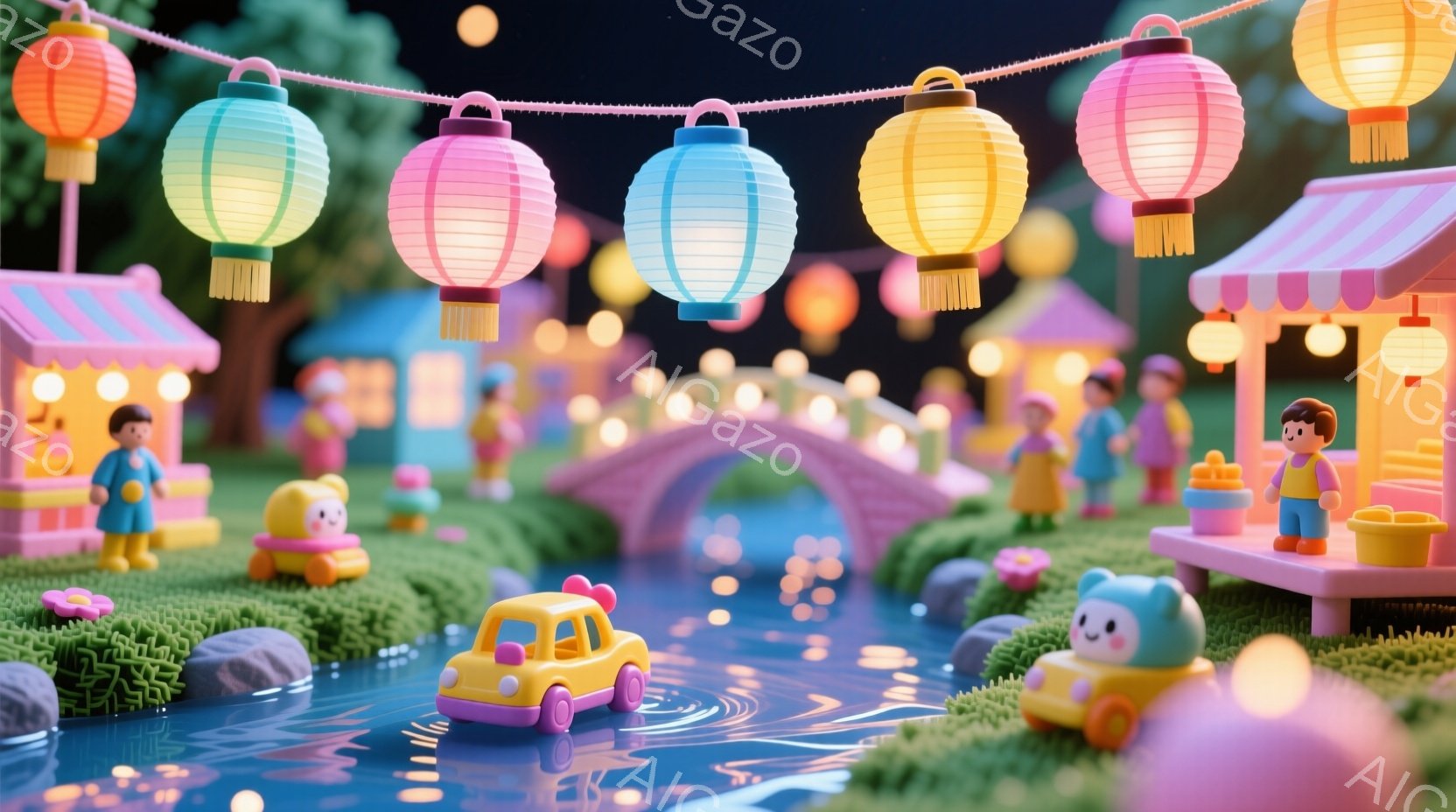カラフルな提灯が並び、夜の風景を照らしています。小さな人々はそれぞれ明るい色の服を着ており、笑顔で楽しんでいる様子です。背景にはアーチ型の橋と小川、そして可愛らしいお店が並び、温かく楽しい雰囲気を醸し - AI生成フリー素材
