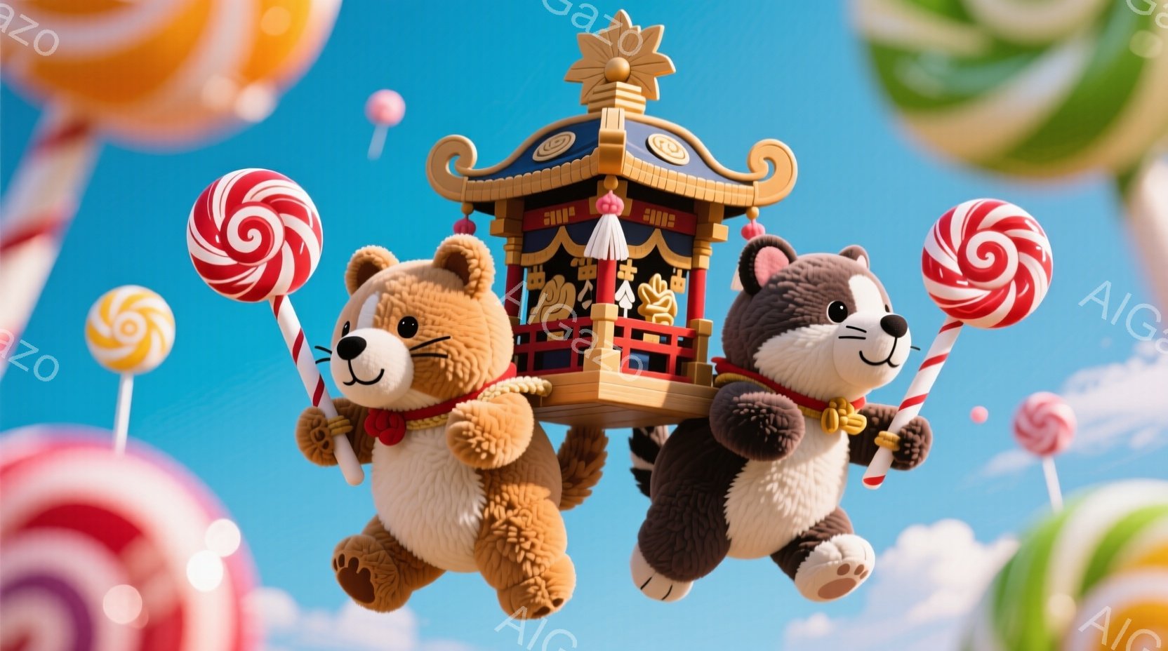 ふわふわの茶色のクマと黒い犬が、お祭り提灯のような乗り物に乗って空を飛んでいます。クマは赤いリボンで首を飾り、犬は金色のリボンをつけています。背景にはキャンディやカラフルな風船が浮かび、晴れた青空が広 - AI生成フリー素材