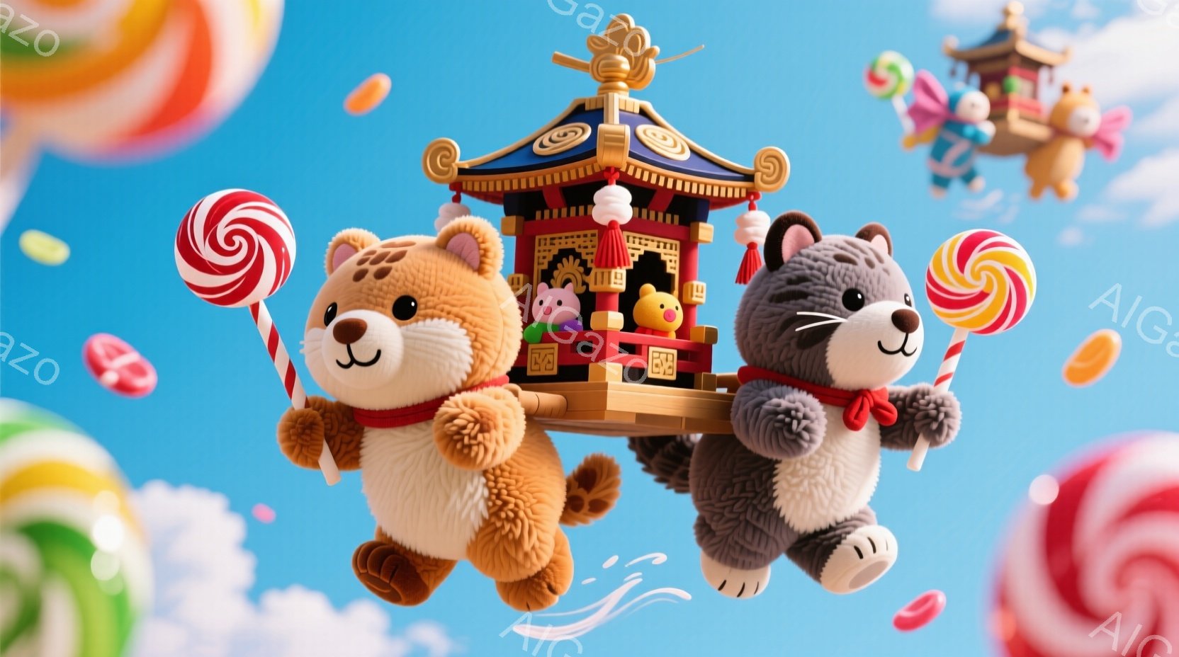 ふわふわした茶色のクマと灰色のネコが、それぞれキャンディを持った状態で空を飛んでいる様子が描かれています。彼らの頭には赤いリボンが結ばれており、表情は明るく楽しそうに見えます。背景は鮮やかな青空で、色とりどりのキャンディや、小さな寺社のような建物が浮かんでおり、お祭りや夢のような楽しい雰囲気を醸し出しています。