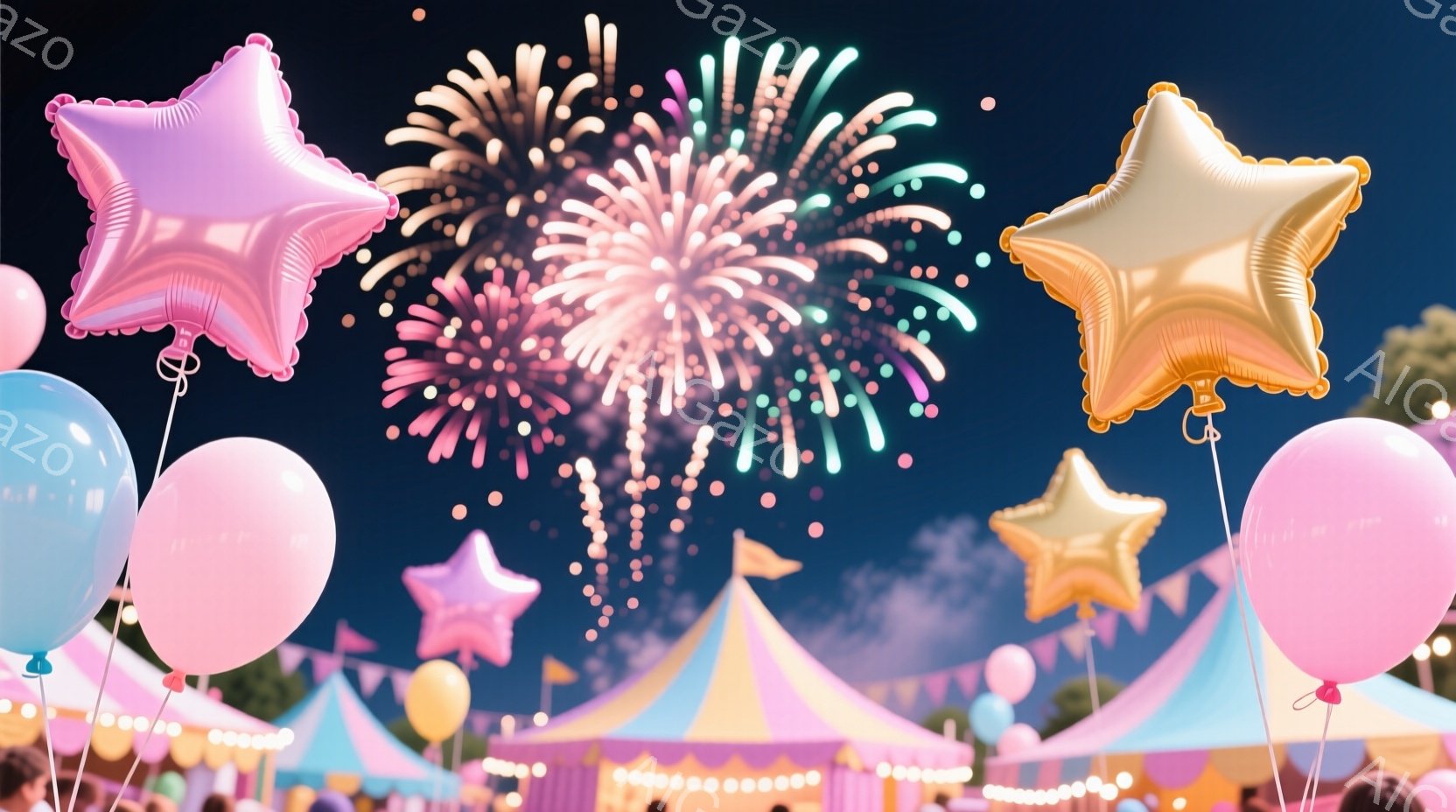 夜空には色鮮やかな花火が咲き乱れ、その手前には様々な色の星形風船が浮かんでいます。風船はピンク、水色、金色で、遊園地のテントや人々のシルエットがぼやけて見え、お祭り気分を盛り上げています。全体的に夢の - AI生成フリー素材