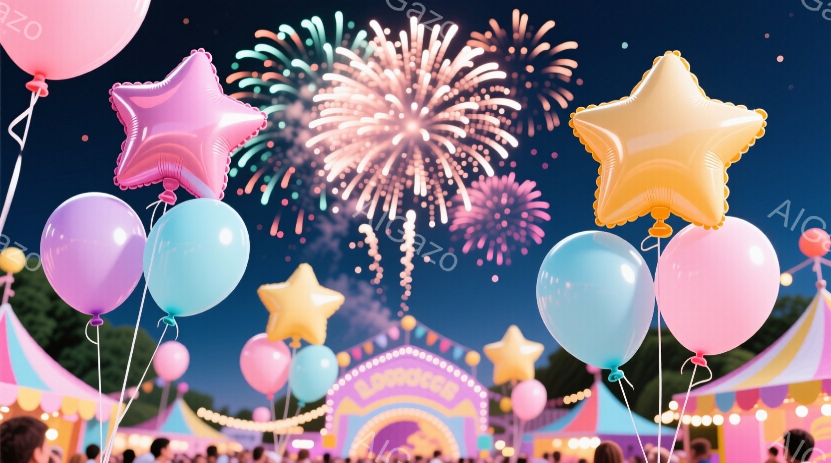 夜空には鮮やかな花火が咲き乱れ、下には星型のカラフルな風船が浮かんでいます。会場の背景には、明るい光で飾られた遊園地の建物が見え、多くの人々が楽しんでいる様子が伺えます。全体的に、喜びと興奮に満ちた、 - AI生成フリー素材