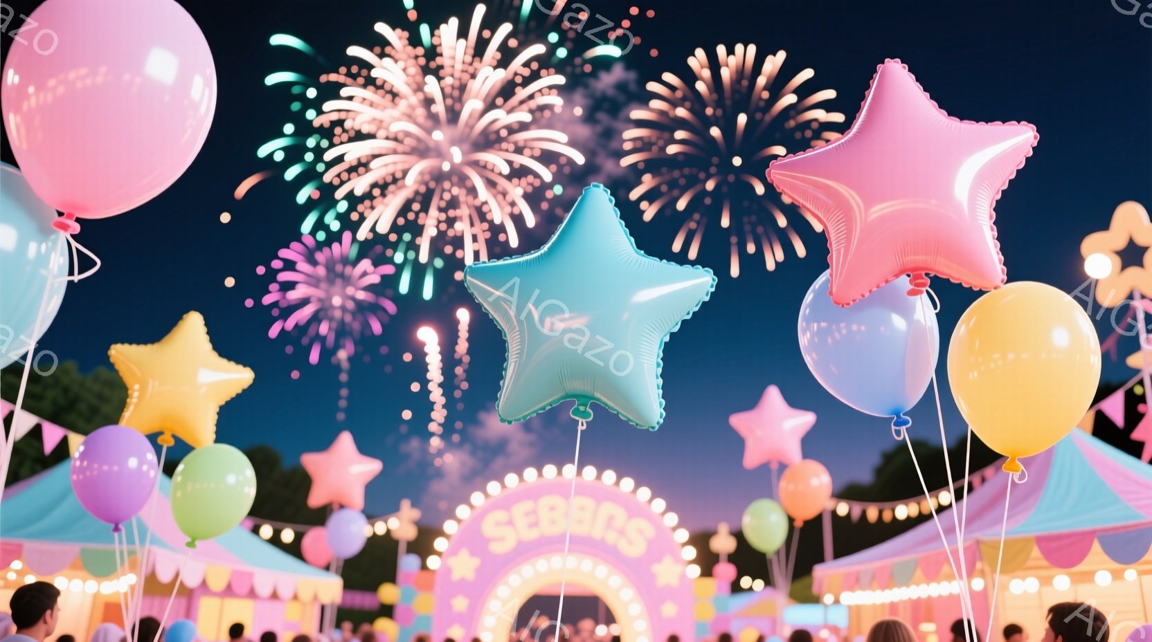 夜空には色鮮やかな花火が咲き乱れ、その手前にはパステルカラーの星形風船が多数浮かんでいる。背景には、ピンクと白のストライプ模様のテントや、光り輝く「SEBBOS」と書かれたアーチが見え、お祭り会場の賑 - AI生成フリー素材