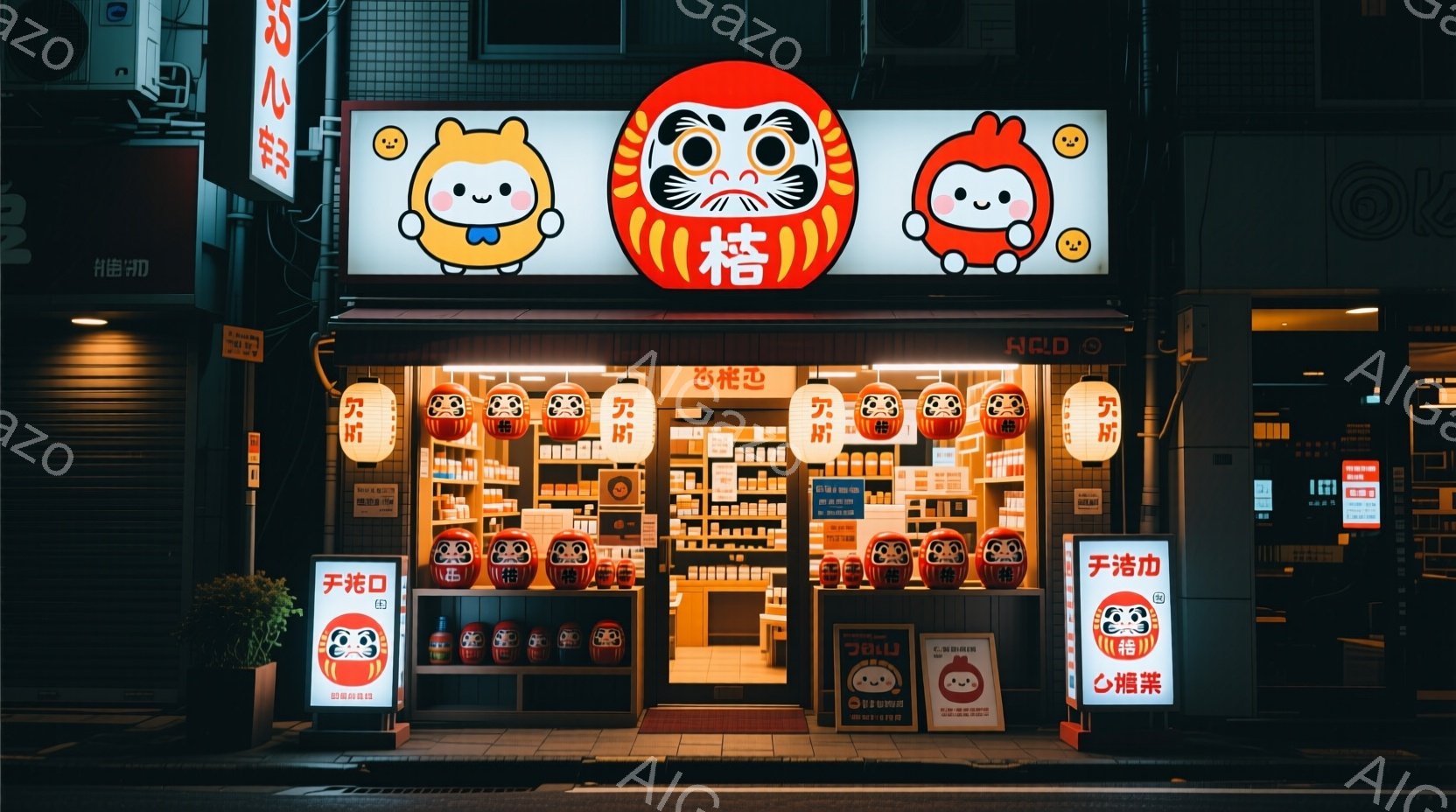 夜の街並みに、可愛らしいダルマの人形を販売している店が並んでいる。店は明るくライトアップされ、様々な種類のダルマが所狭しと並べられている様子が伺える。背景には暗い建物や植木が見え、可愛らしいダルマ人形とのコントラストが印象的である。