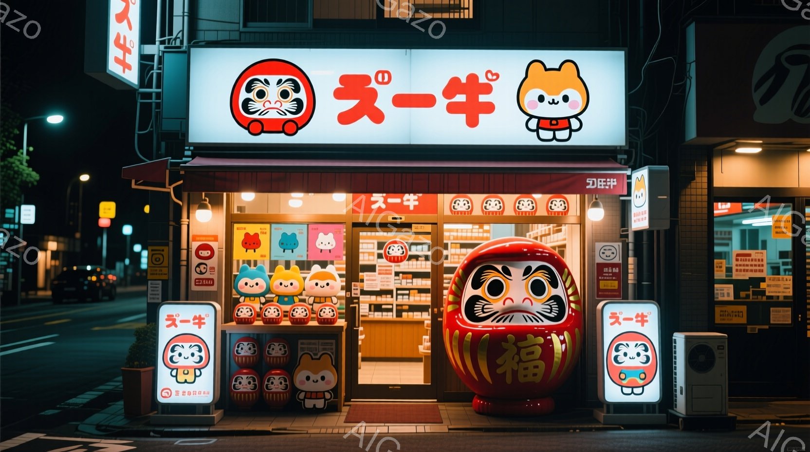 夜の街並みに、可愛らしいドールショップ「ミケ」が佇んでいます。店先には、様々な表情をしたドールが並び、大きなドールが一つ置かれています。背景には、他の建物や道路が見え、夜の静けさと可愛らしさが混ざり合 - AI生成フリー素材