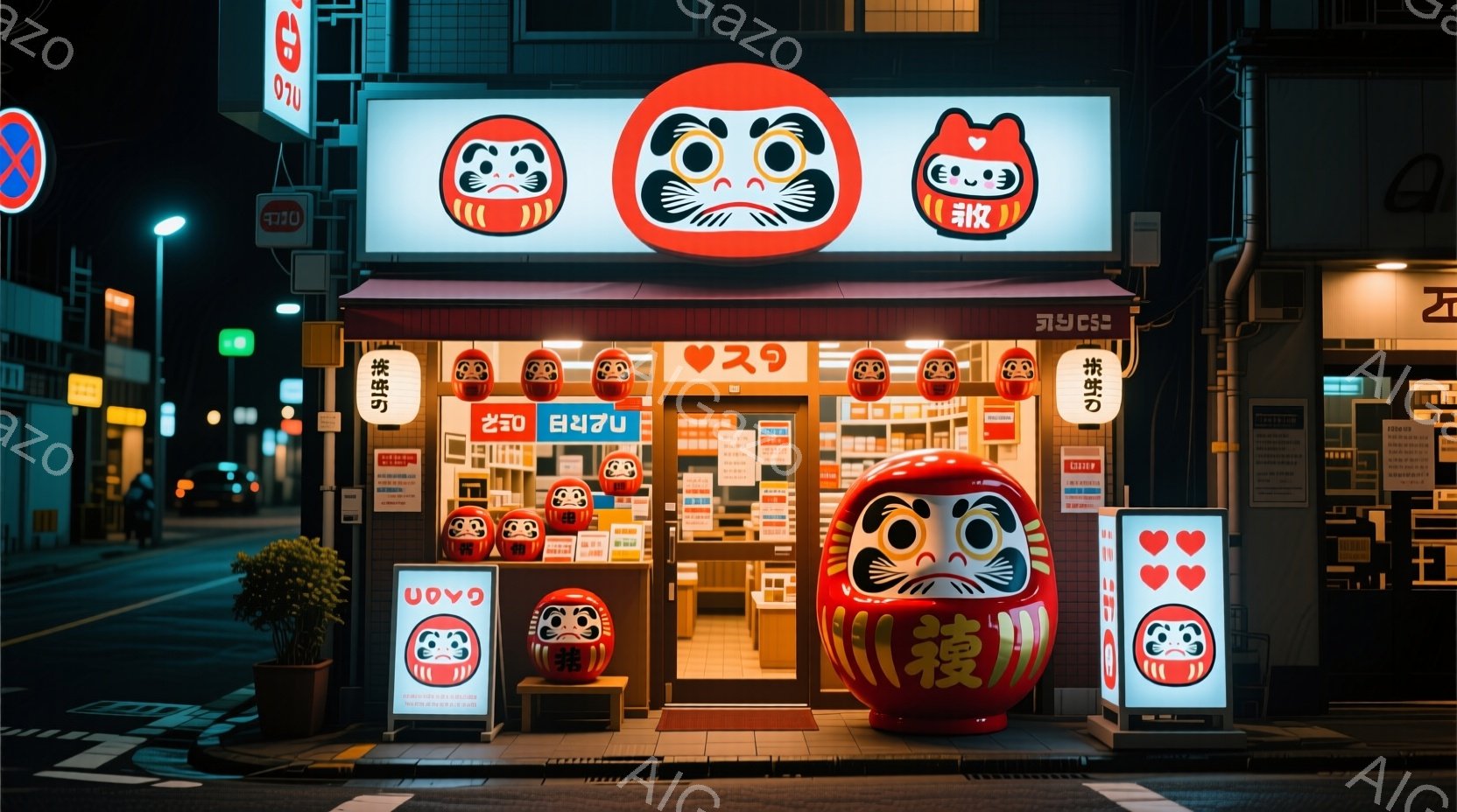 夜の日本の街並みにある小さなお店の外観を描いています。店は可愛らしいダルマの人形をモチーフにした装飾が施され、入り口には大きなダルマの人形が置かれています。背景には他の建物や街路樹が見え、夜空は暗く、街灯の光がぼんやりと照らしています。