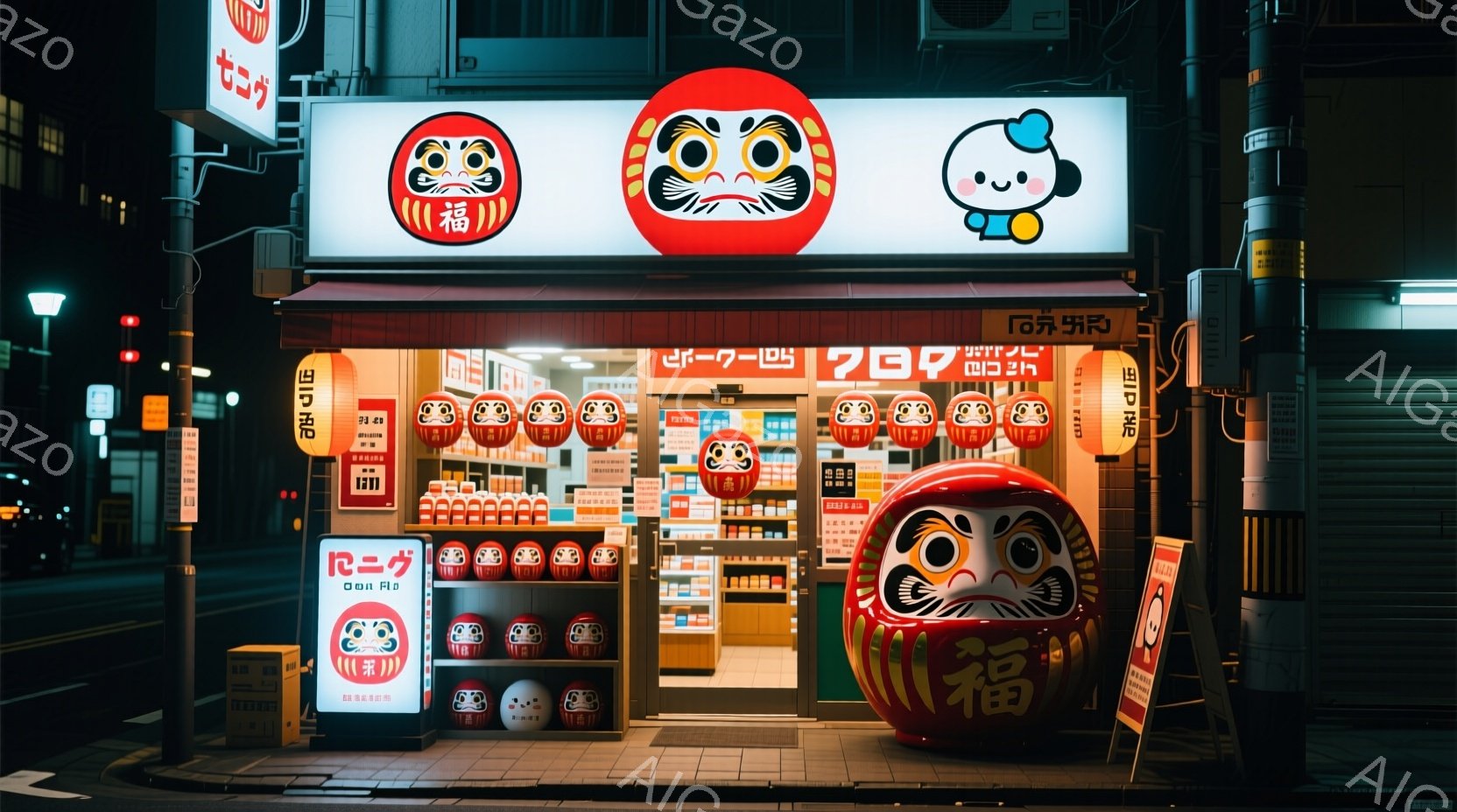 夜の街角にある小さな駄菓子屋が写っている。店先には多くの達磨人形が飾られており、可愛らしい印象を与える。背景には暗い建物や街灯が見え、雨上がりの濡れた路面が光を反射している、どこか懐かしい雰囲気が漂う。