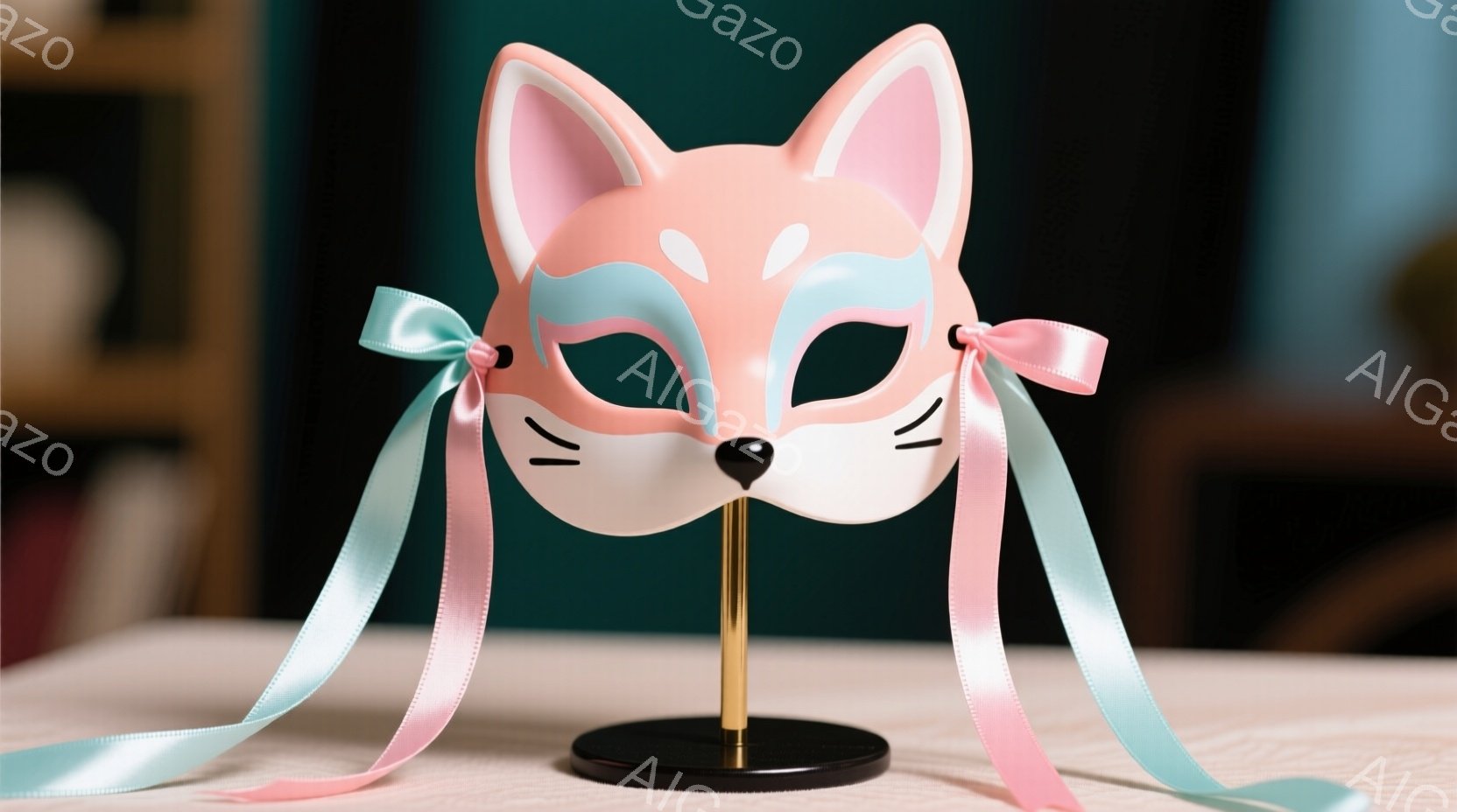 薄いピンク色の猫の仮面が、金色のスタンドに飾られています。仮面は左右に水色のリボンが付いており、可愛らしい印象を与えます。背景にはぼやけた家具が見え、全体的に柔らかく優しい雰囲気です。