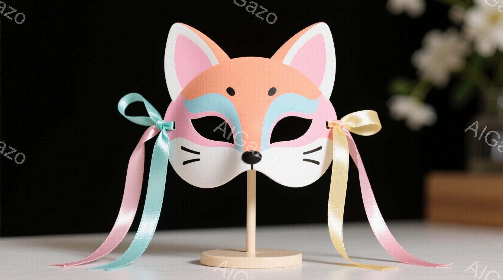 淡いピンクと水色の可愛らしい狐の仮面が、ベージュ色のスタンドに飾られています。リボンはピンク、水色、黄色で、柔らかく優しい印象を与えます。背景にはぼやけた花瓶と木製の家具が見え、明るく穏やかな雰囲気を醸し出しています。