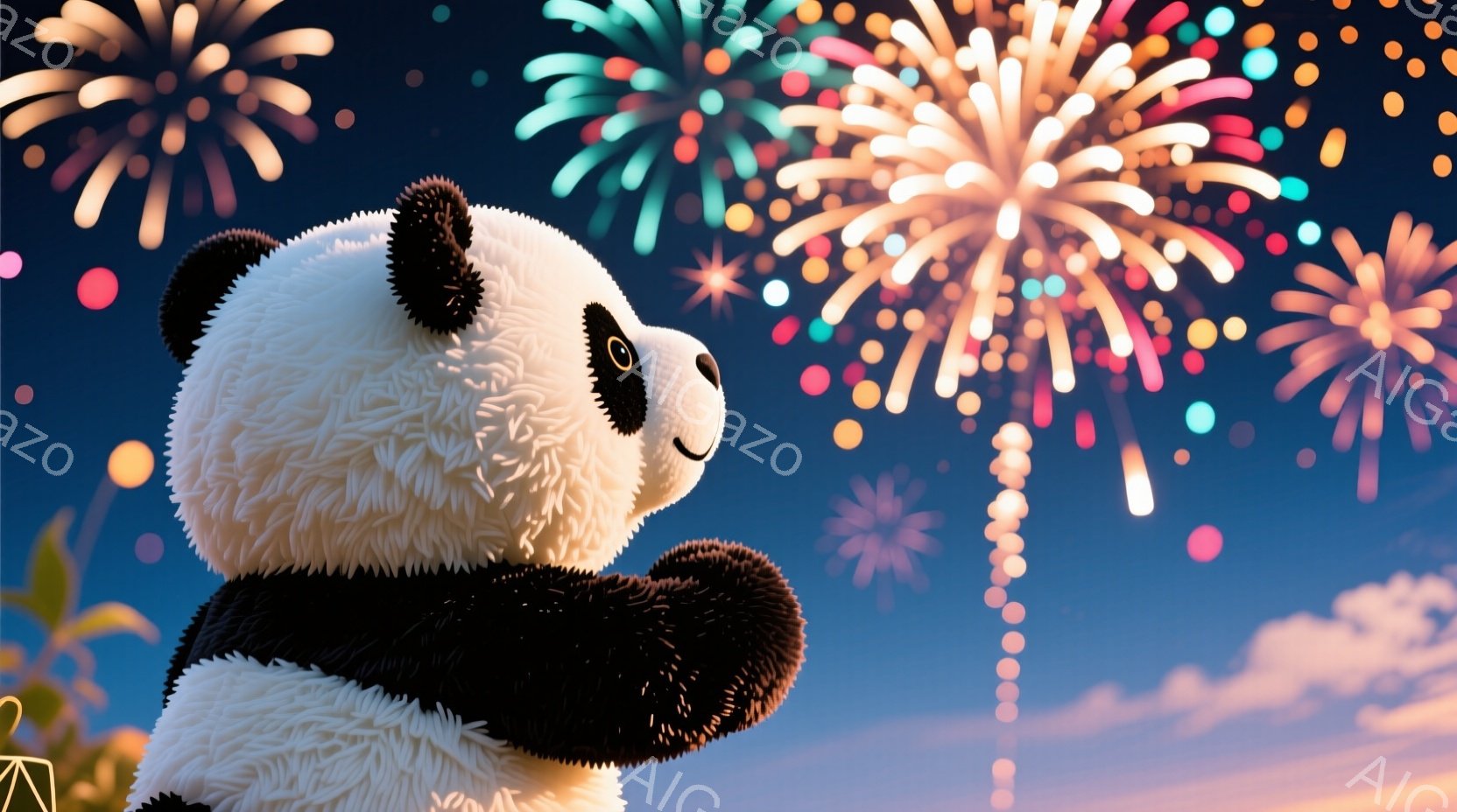 白くてふわふわしたパンダが、左を向いて立っています。その表情は穏やかで、少し微笑んでいるように見えます。背景は夜空で、色とりどりの花火が打ち上げられ、幻想的な雰囲気を醸し出しています。 - AI生成フリー素材