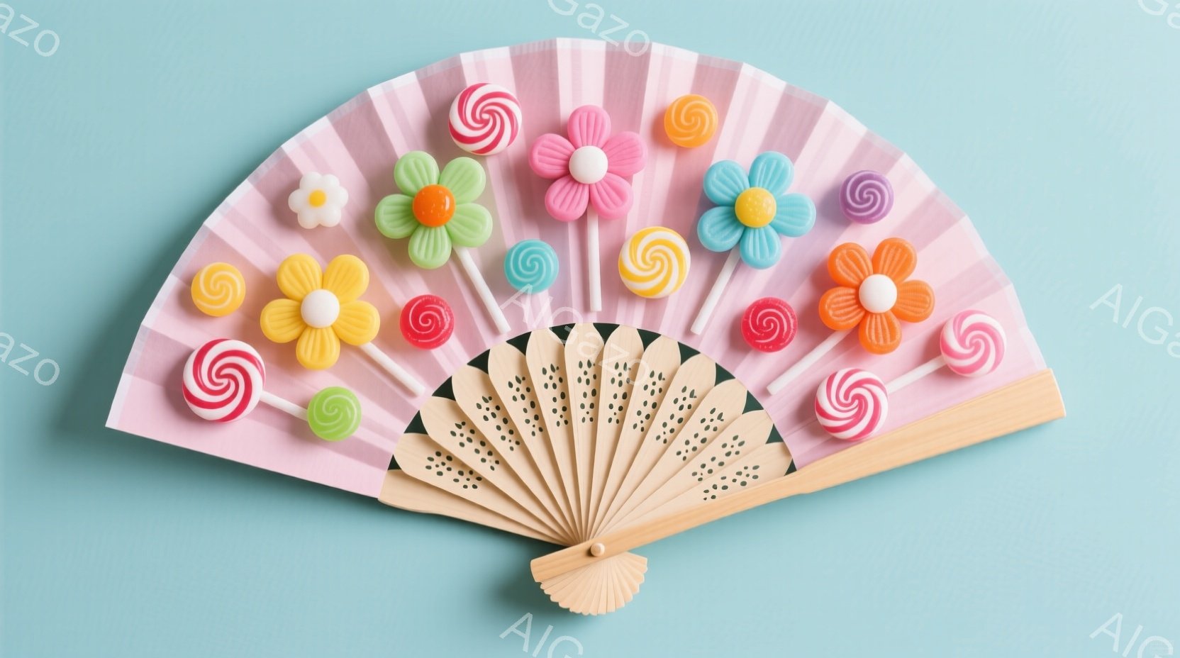 浅いピンク色の背景に、開いた扇子が配置され、その上に様々な色のキャンディが花のように並んでいます。キャンディは渦巻き状のものや、花のような形をしており、全体的に甘くて可愛らしい雰囲気を醸し出しています - AI生成フリー素材