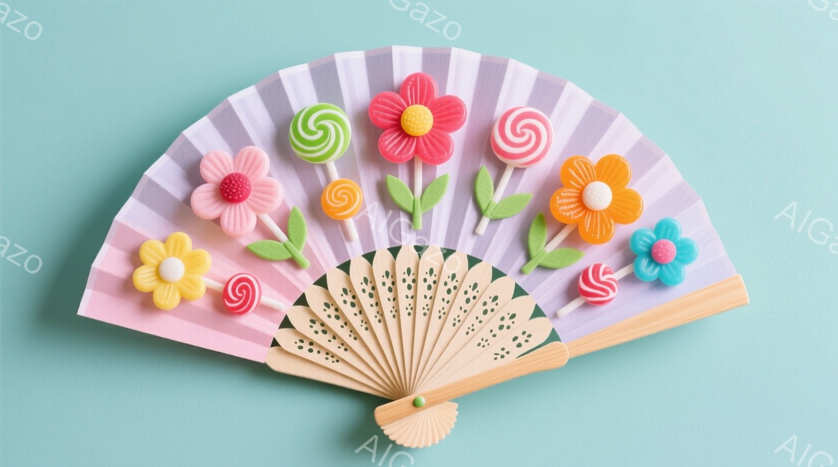 薄いピンク色の背景に、開いた扇子が置かれています。扇子の柄は白とピンクのストライプで、様々な色のキャンディーが扇の模様のように配置されています。全体的に明るく可愛らしい雰囲気で、お祭りのような楽しいイ - AI生成フリー素材