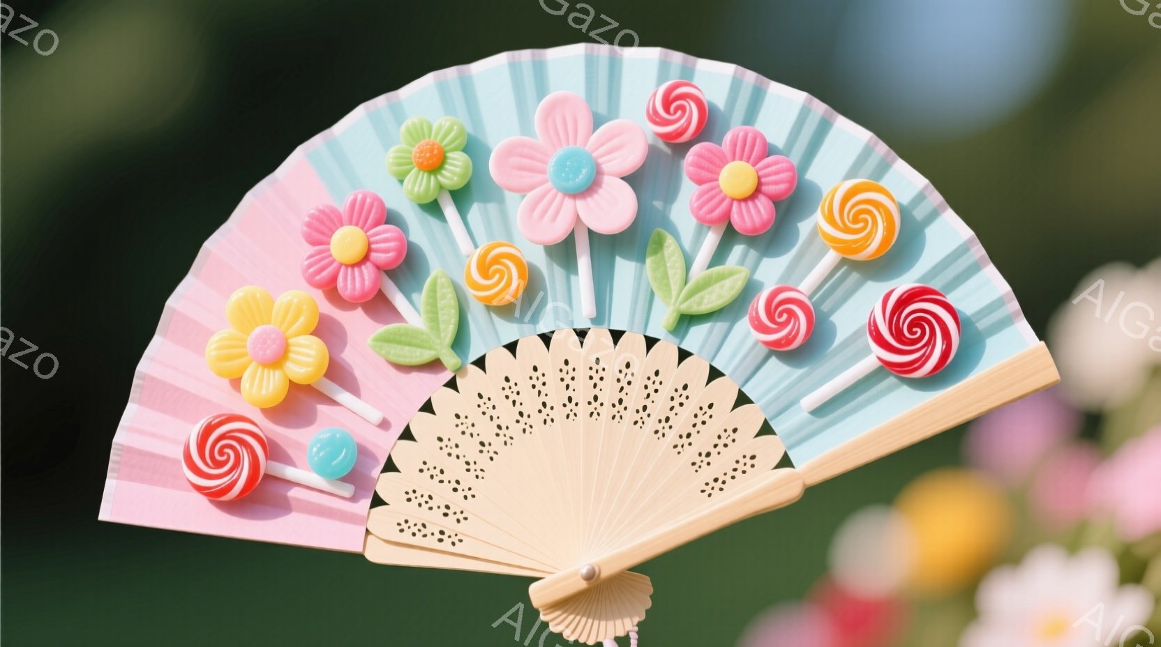 薄いピンクと水色の扇子が、明るい色彩のキャンディと造花で飾られています。扇子は細かい透かし模様が施され、持ち手はクリーム色です。背景にはぼやけた花々が見え、全体的に甘くて可愛らしい雰囲気を醸し出しています。