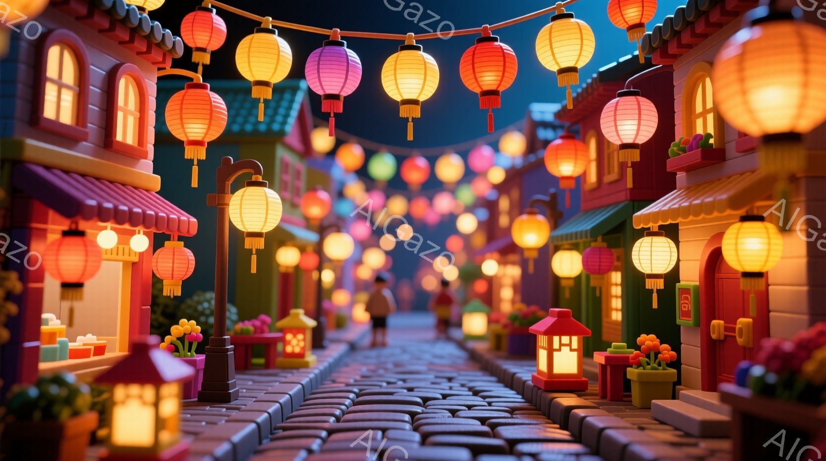 鮮やかな色彩の路地が描かれており、所狭しと提灯が飾られています。建物は可愛らしいデザインで、まるでジオラマのような温かみのある雰囲気です。奥には人影が見え、静かで穏やかな夜の情景が広がっています。