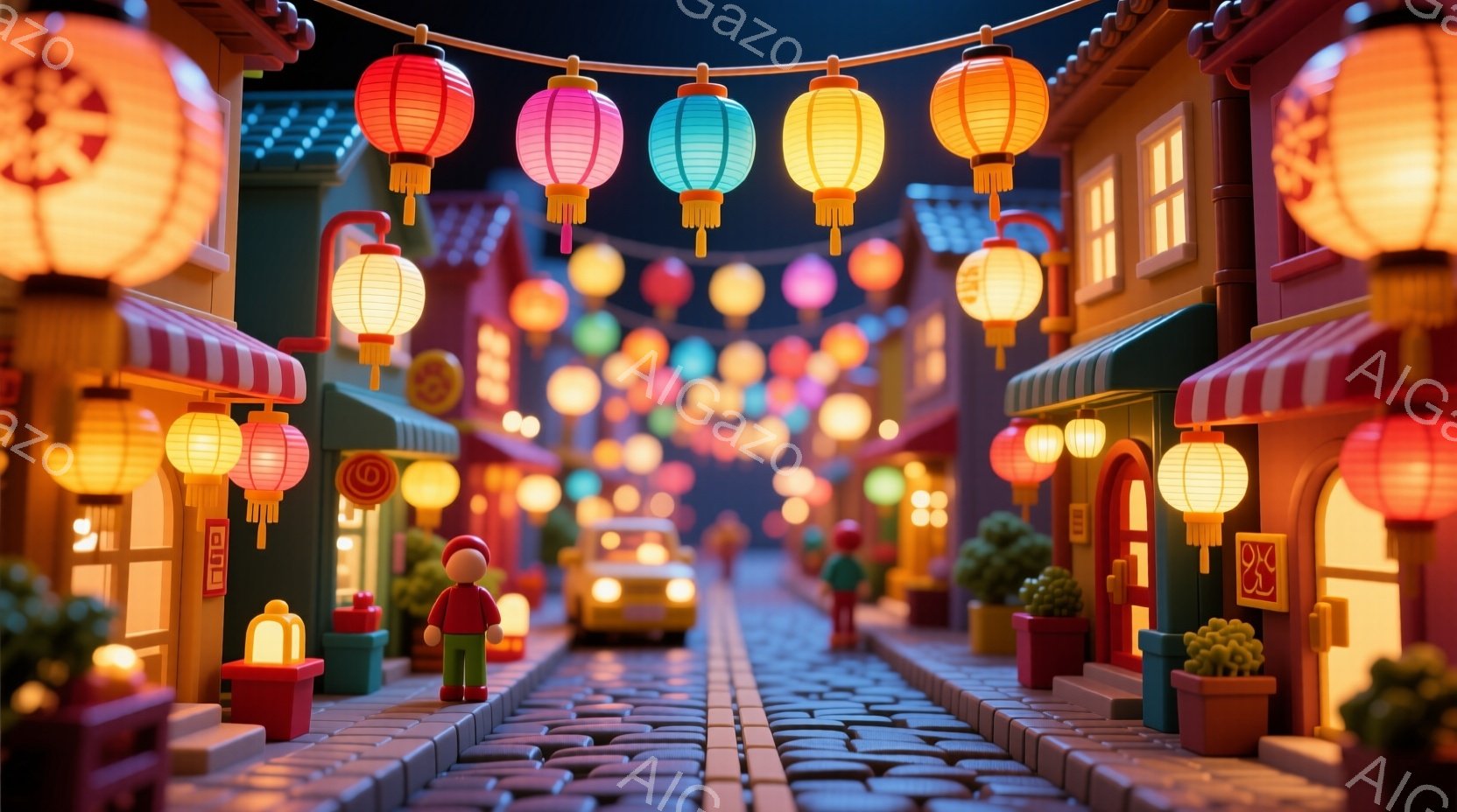 色鮮やかな提灯が並ぶ街並みが描かれている。建物はカラフルで、レンガ造りの道が続いている。小さな人々が道端に立っており、シンプルな服装で、表情ははっきりしないが、平和な雰囲気が漂っている。 - AI生成フリー素材