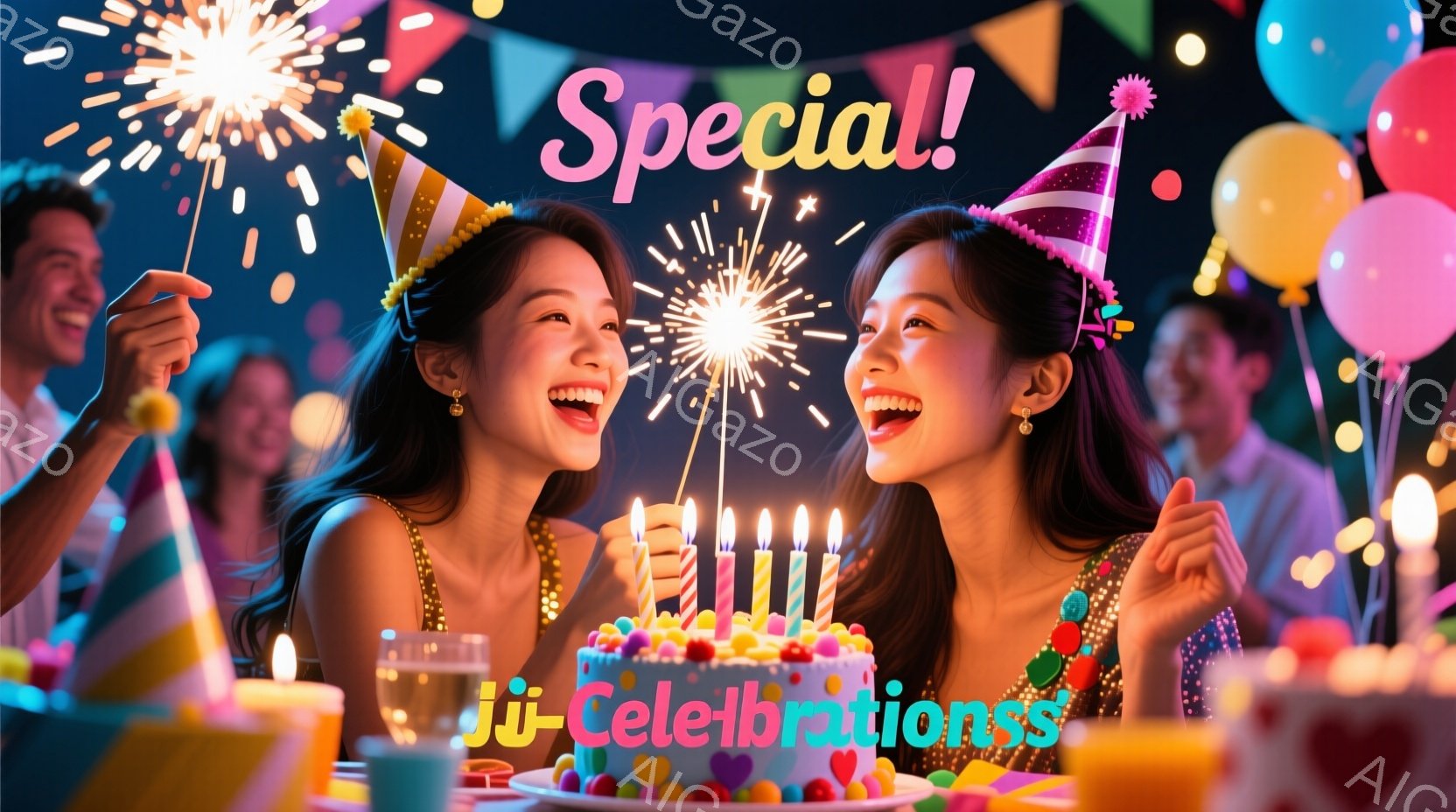 2人の若い女性がバースデーケーキの前に立っており、ろうそくの火を明るく見つめて笑顔を浮かべている。彼女たちは華やかなドレスを着ており、髪は丁寧に整えられている。背景には他の人々やカラフルな風船、お祝いの装飾があり、お祝いの雰囲気が漂っている。