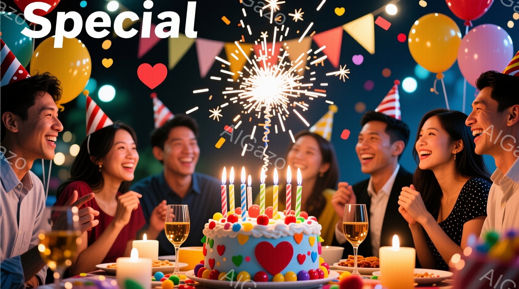 複数の人々が誕生日ケーキの周りに集まっており、ケーキにはたくさんのろうそくが灯っています。 彼らは皆、笑顔で喜びを表現しており、カジュアルな服装でリラックスした雰囲気です。 背景にはカラフルな風船やガ - AI生成フリー素材