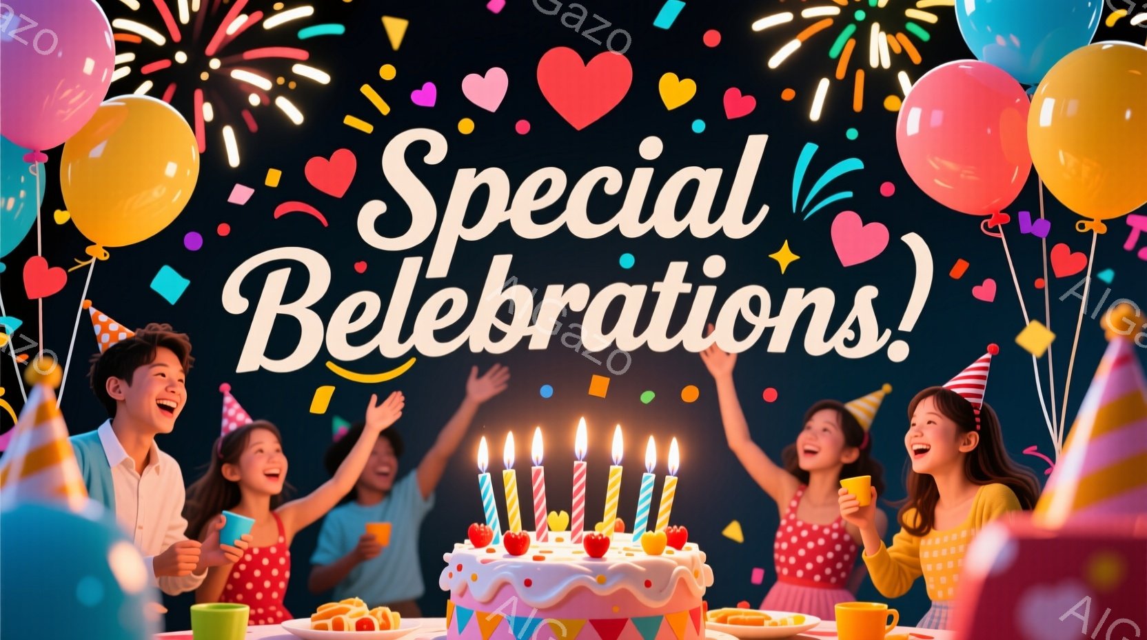 楽しそうな誕生日パーティーの様子が描かれています。子供たちはカラフルな服を着ており、頭にはお祝いの帽子をかぶっています。ケーキの周りに集まり、明るい笑顔でケーキのろうそくを見つめており、背景には紙吹雪 - AI生成フリー素材