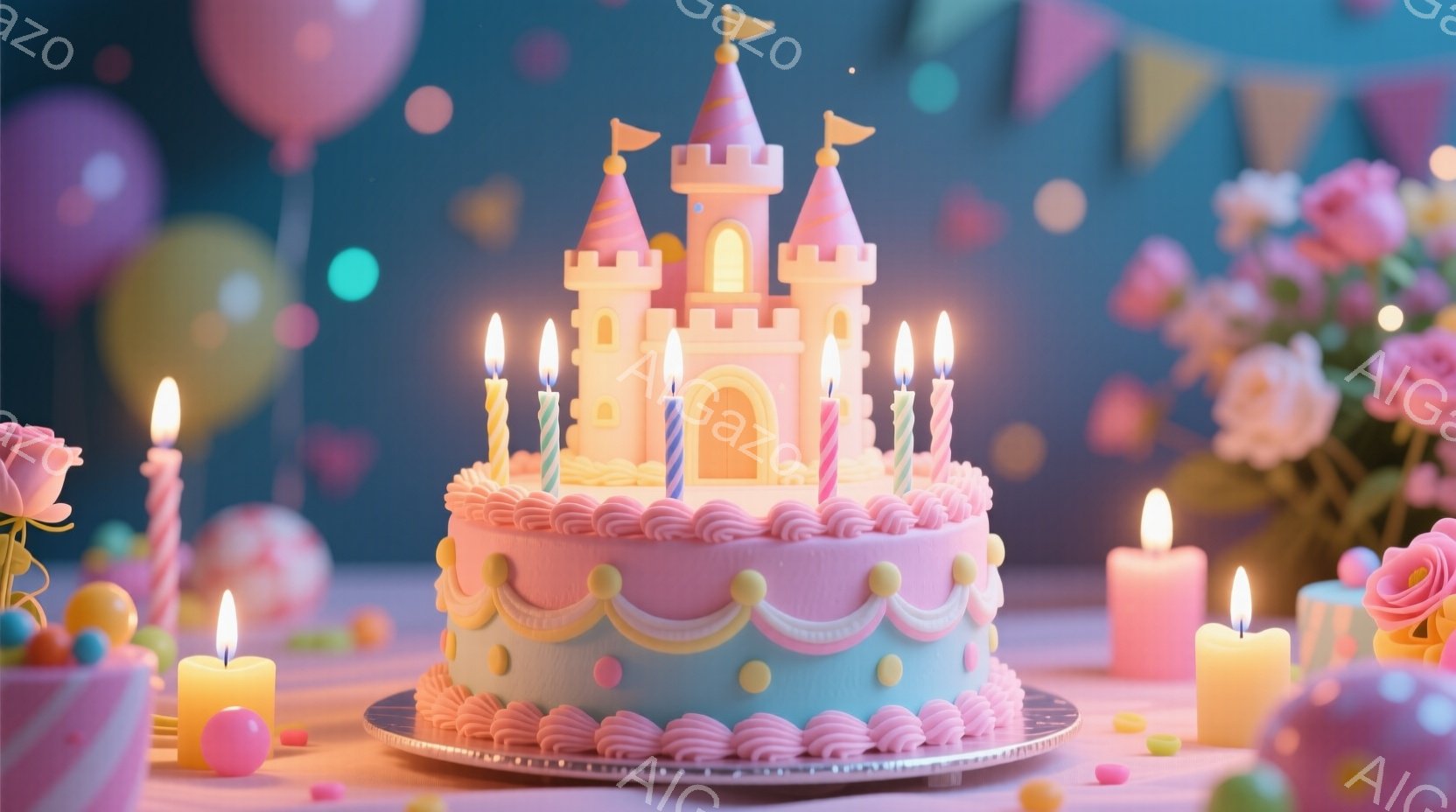 鮮やかなピンクと水色のクリームで飾られた、お城型のバースデーケーキが中央にあります。ケーキの周りには、点灯したキャンドルとカラフルなキャンディが散りばめられており、背景にはピンクや水色の風船や花が飾ら - AI生成フリー素材