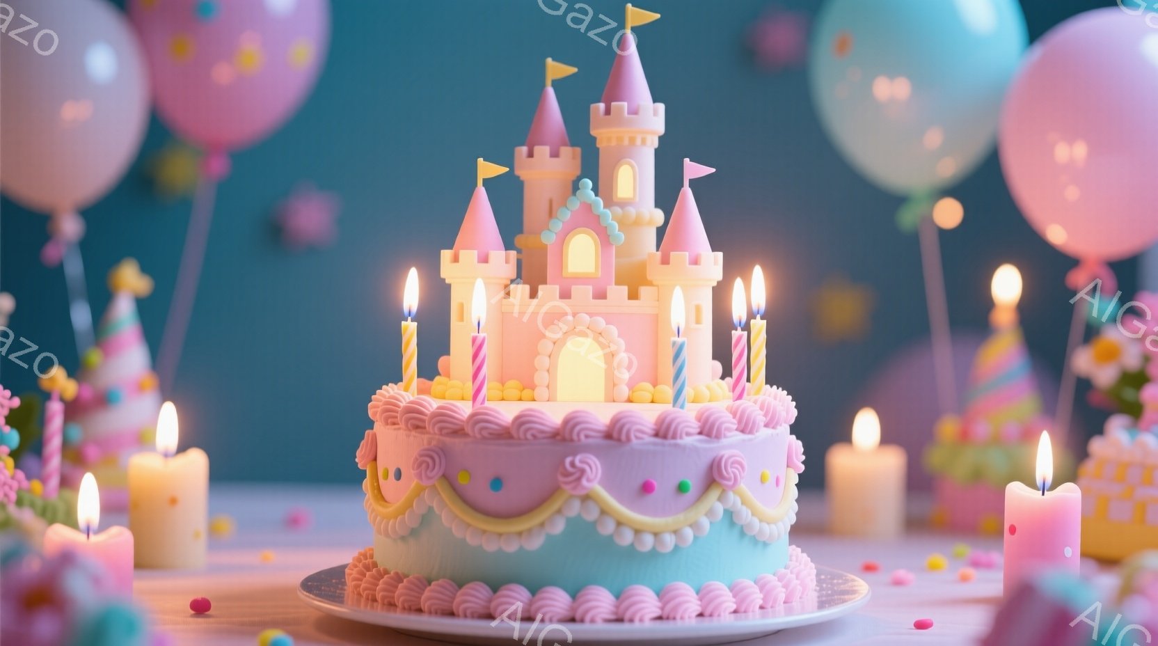装飾されたバースデーケーキを中心に捉えられています。ケーキはピンクと水色のアイシングで覆われ、お城のようにデザインされています。背景には、パステルカラーの風船や点在するキャンドルがあり、お祝いの雰囲気を醸し出しています。