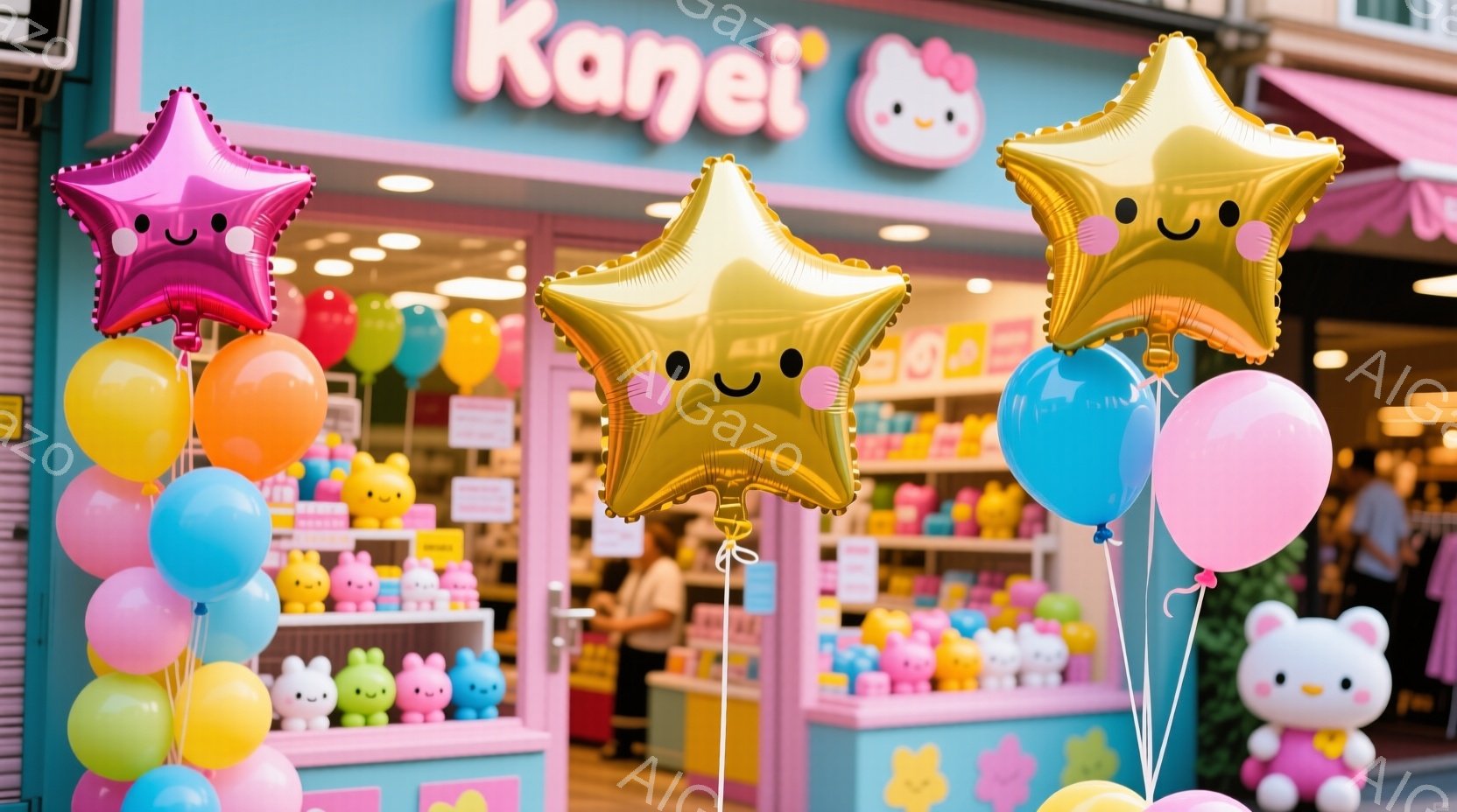 カラフルな風船が店の前に飾られています。ピンク、青、黄色、紫色の風船が、可愛らしい表情をした星型の風船と組み合わさっています。背景には、ピンク色の可愛らしい装飾が施されたお店があり、たくさんの可愛いぬ - AI生成フリー素材