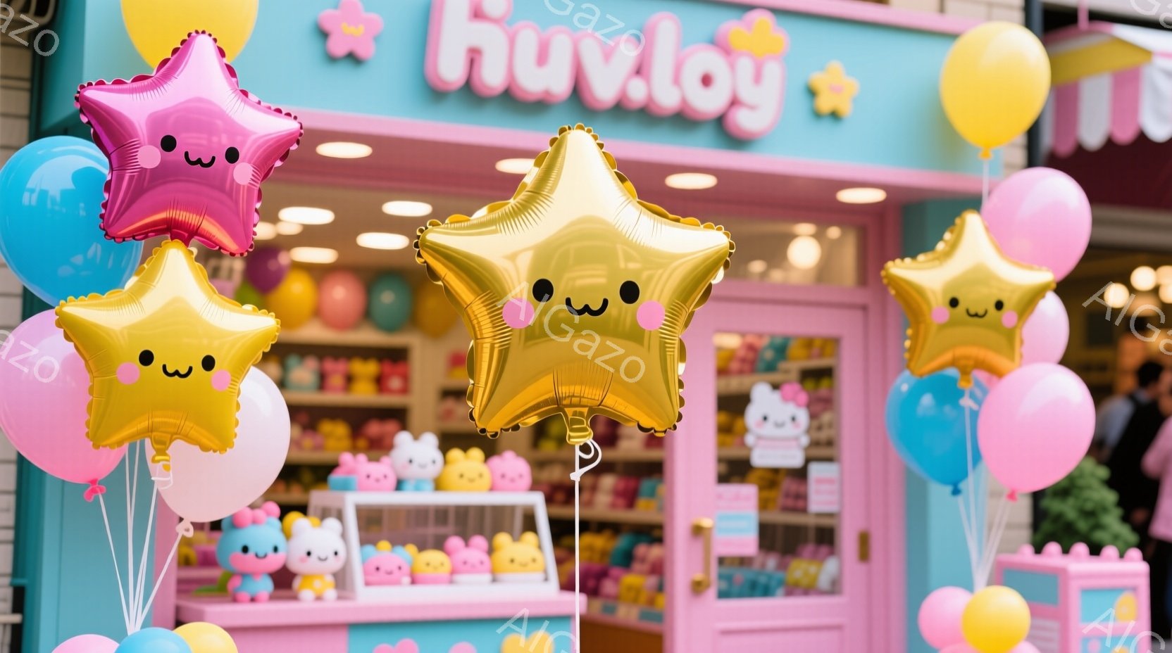 カラフルな星型の風船が店前に飾られており、可愛らしい表情が特徴的です。お店はピンクと水色を基調とした可愛らしい外観で、ショーウィンドウにはたくさんのぬいぐるみがおもちゃが並んでいます。全体的に明るく、 - AI生成フリー素材