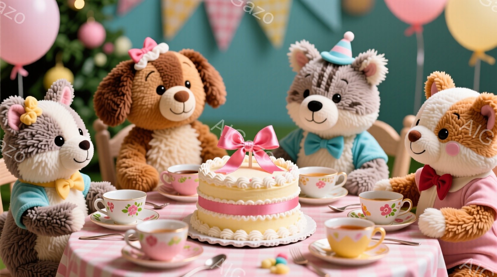 ぬいぐるみたちがピンク色のテーブルを囲み、ティーパーティーを楽しんでいます。それぞれが可愛らしい服装で、テーブルの上にはケーキ、ティーカップ、お菓子が並び、楽しげな雰囲気が漂っています。背景には飾り付 - AI生成フリー素材