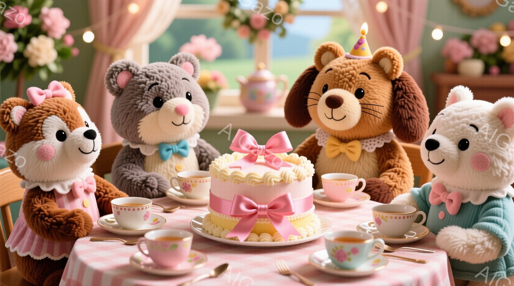 ふわふわとした毛並みの動物たちが、ピンク色のチェック柄のテーブルを囲んでお茶会を楽しんでいます。茶色のクマ、豚、ウサギ、そして犬は、それぞれ可愛らしい服を着て、ティーカップを手に微笑んでいます。背景に - AI生成フリー素材