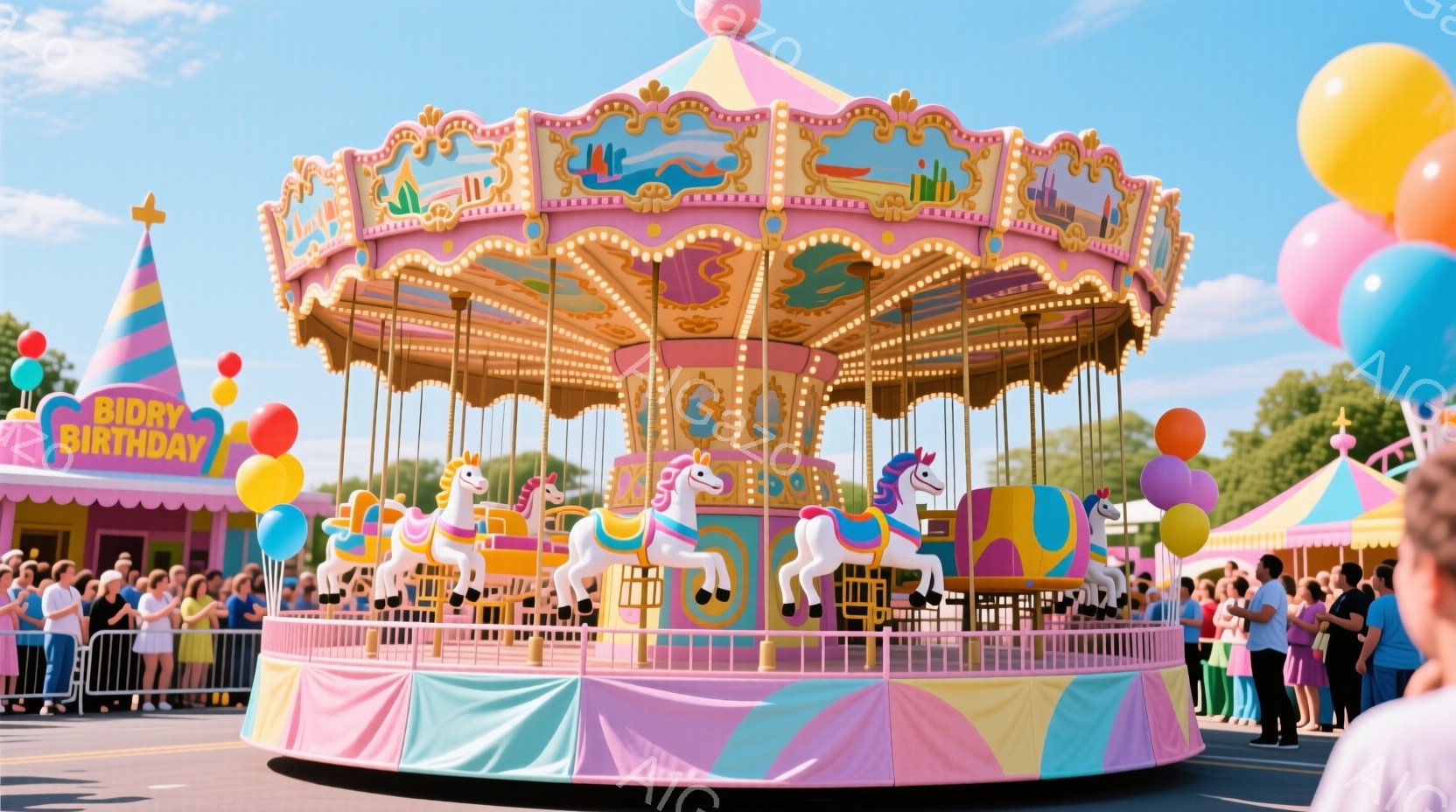 カラフルなメリーゴーランドが中央に配置されており、白くて可愛らしいユニコーンが並んでいます。背景には、人々が密集しており、ピンクと白のストライプのテントやカラフルな風船が点在し、お祭りや誕生日パーティ - AI生成フリー素材