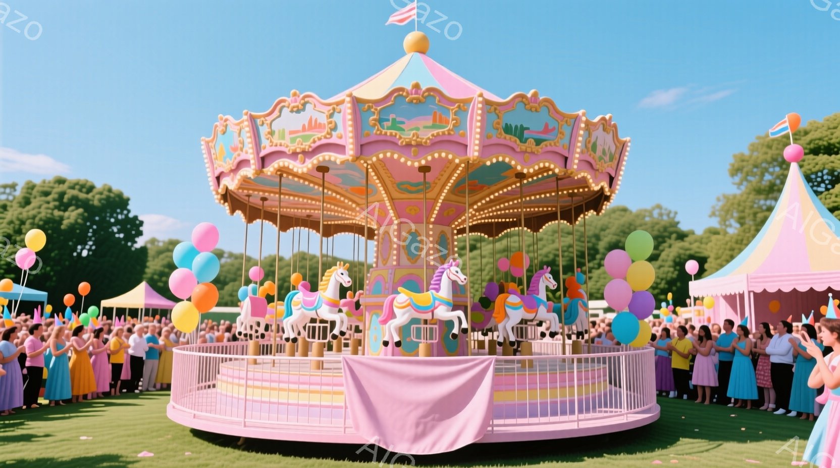 ピンクと白を基調としたメリーゴーランドが緑の芝生の上に設置されており、周囲にはカラフルなドレスを着た人々が円を描いて立っている。人々は皆笑顔で、楽しそうな雰囲気が漂っている。背景には木々が生い茂り、晴 - AI生成フリー素材