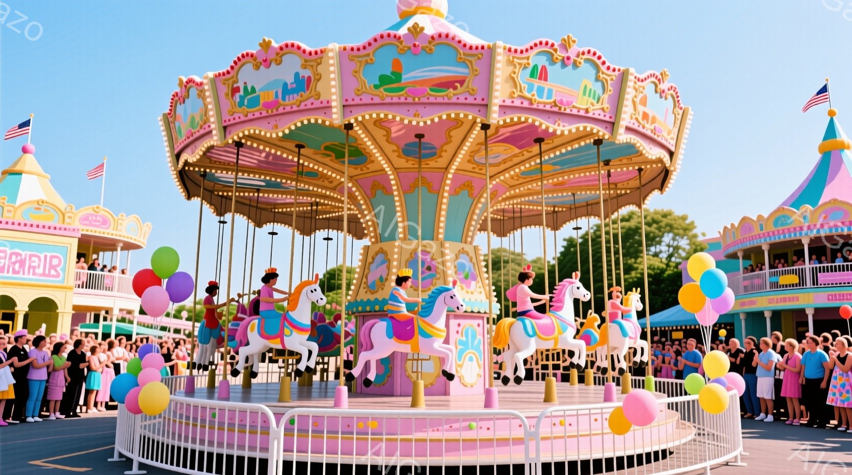 明るい日差しの中、ピンクと水色の回転木馬が楽しげに回っている。乗っている人々は皆、ピンクや水色の服を着ており、笑顔で楽しんでいる様子が見て取れる。背景には、カラフルな建物や観客がおり、まるで遊園地のお - AI生成フリー素材