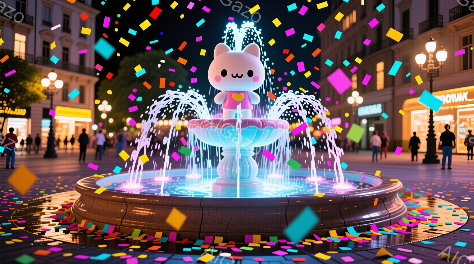 広場の中央には、水が輝く青い噴水があり、その上には可愛らしいウサギのキャラクターが立っています。ウサギはピンクの服を着ており、穏やかな表情をしています。背景にはヨーロッパ風の建物が立ち並び、夜空にはカ - AI生成フリー素材