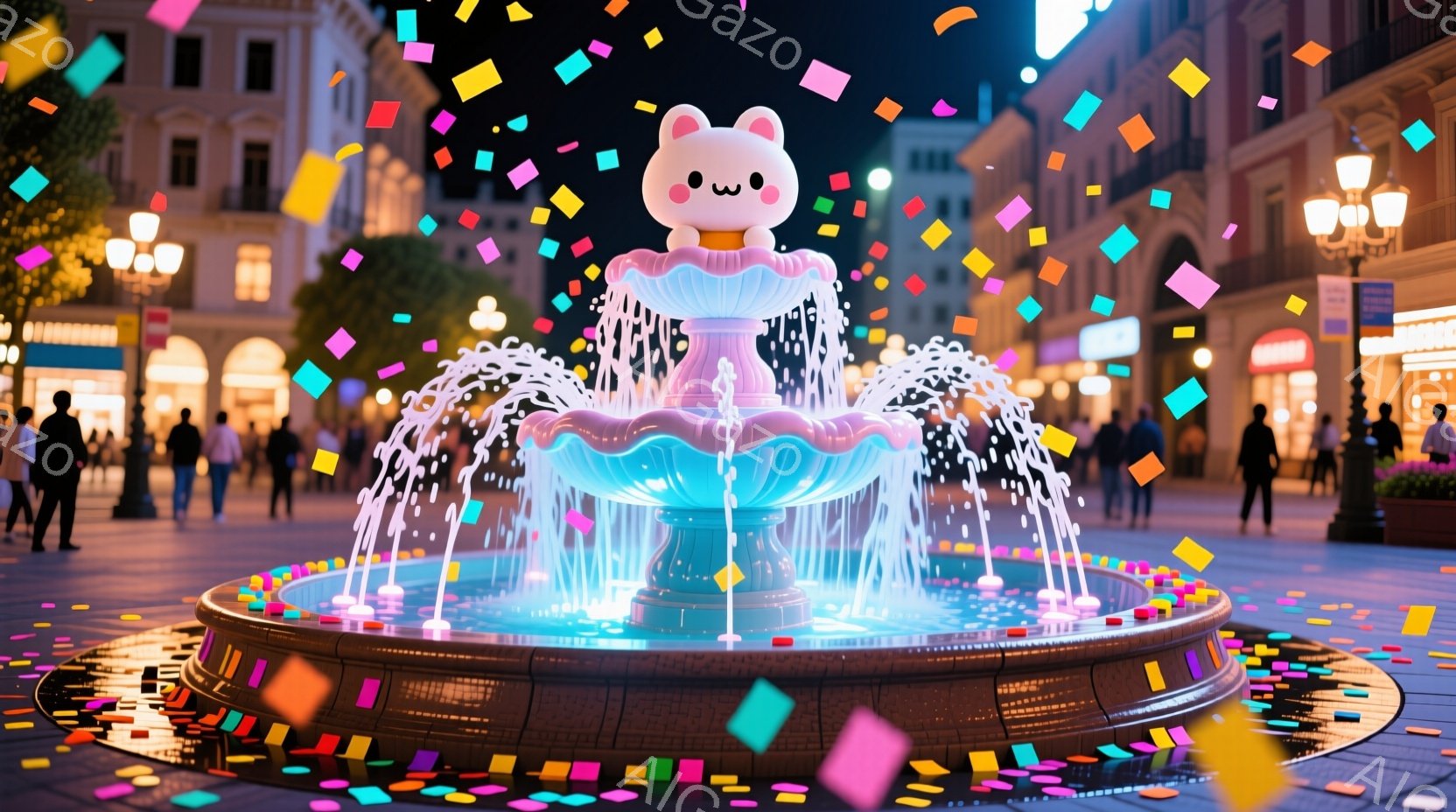 夜の広場に、水が光る美しい噴水が中央にあります。噴水の最上部には、可愛らしいピンク色のクマのキャラクターが飾られており、楽しげな雰囲気を醸し出しています。背景には、ライトアップされた建物が並び、地面に - AI生成フリー素材