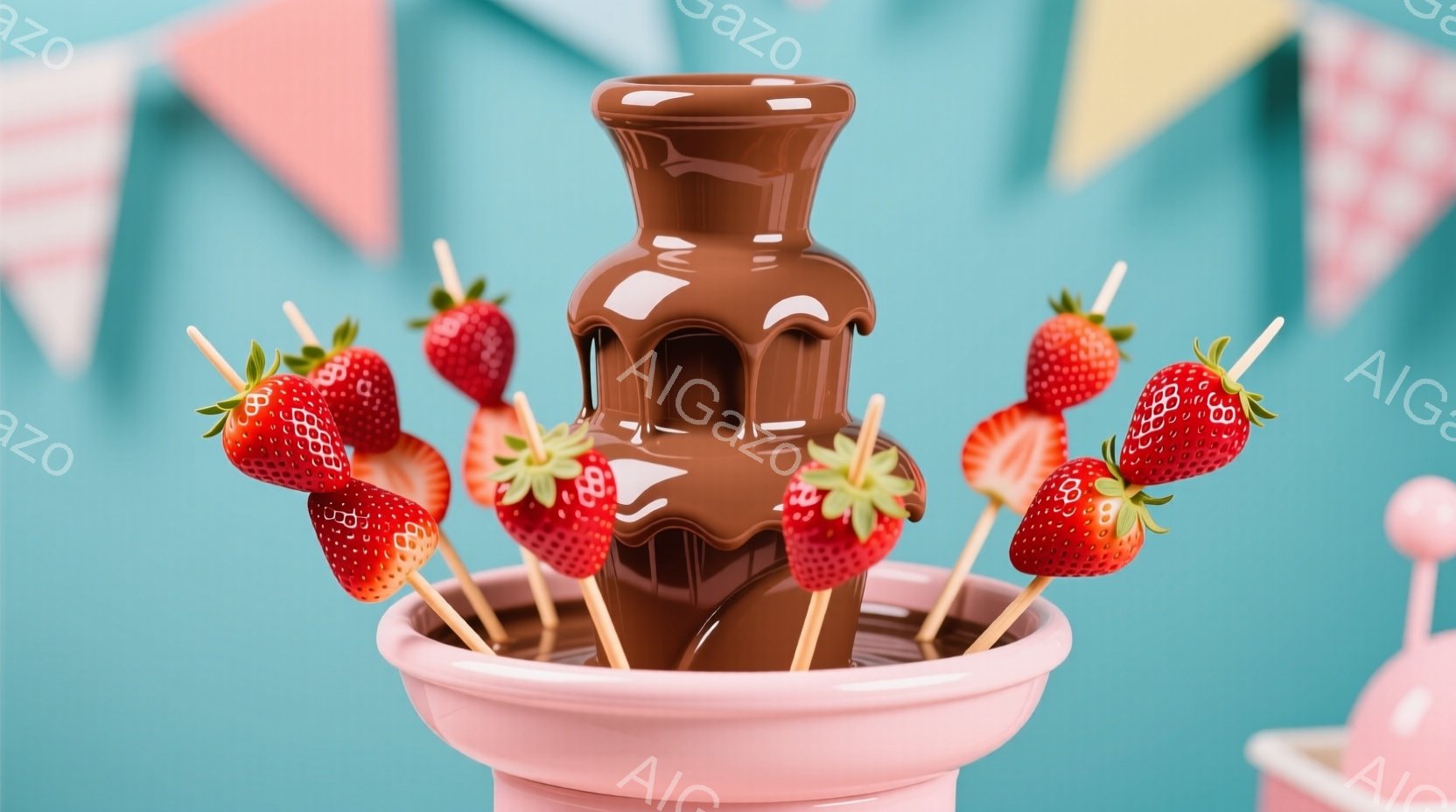 鮮やかなターコイズブルーの背景に、チョコレートファウンテンがピンク色の台座に設置されています。赤いイチゴが串に刺され、溶け出したチョコレートの中に浸されています。全体的に明るく、甘くて楽しい雰囲気が漂っています。