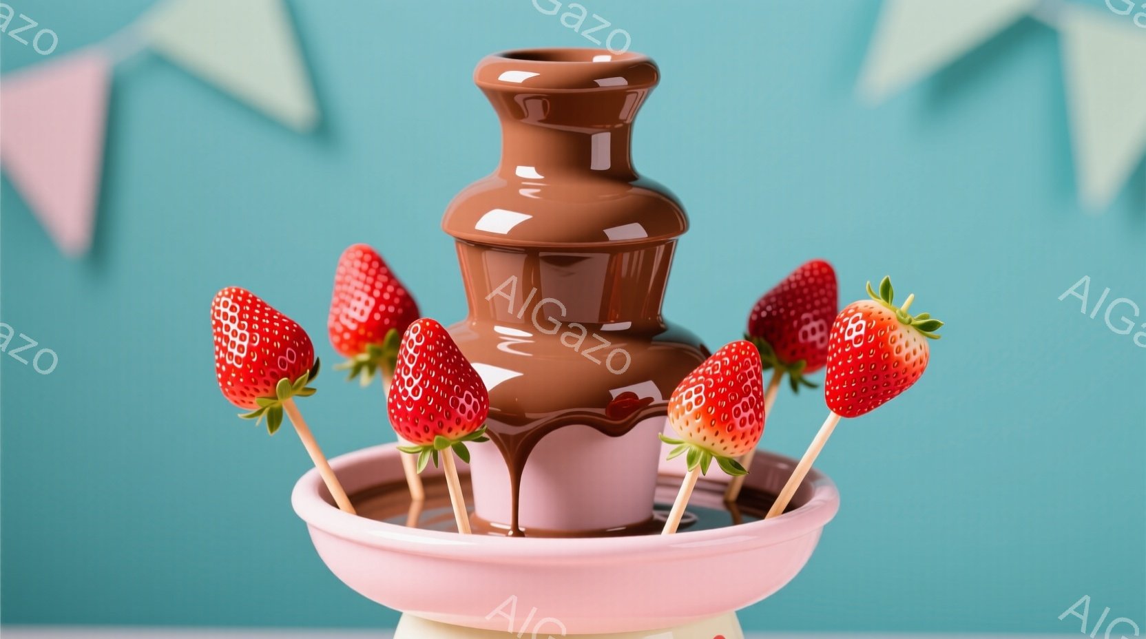 ピンク色のチョコレートファウンテンが中央にあり、串に刺したイチゴが周囲を取り囲んでいます。背景は水色で、上部には淡いピンク色の旗が飾られています。全体的に、甘くて楽しいお菓子の雰囲気が漂っています。