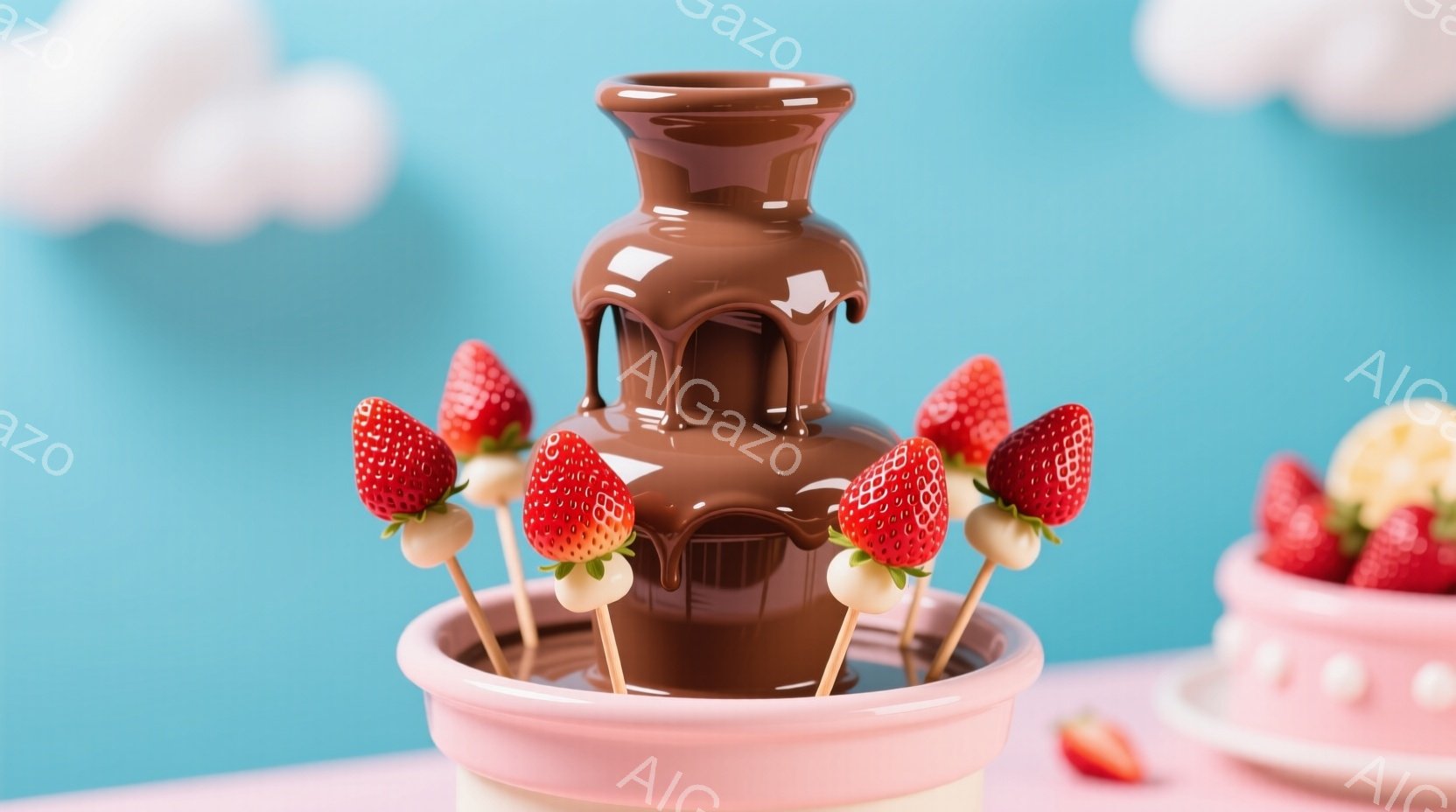 チョコレートファウンテンがピンク色の容器の中にあり、イチゴが串に刺して周囲に並んでいます。背景は水色の壁で、ふわふわとした雲が描かれており、全体的に甘くて明るい雰囲気です。テーブルの上には、イチゴとク - AI生成フリー素材