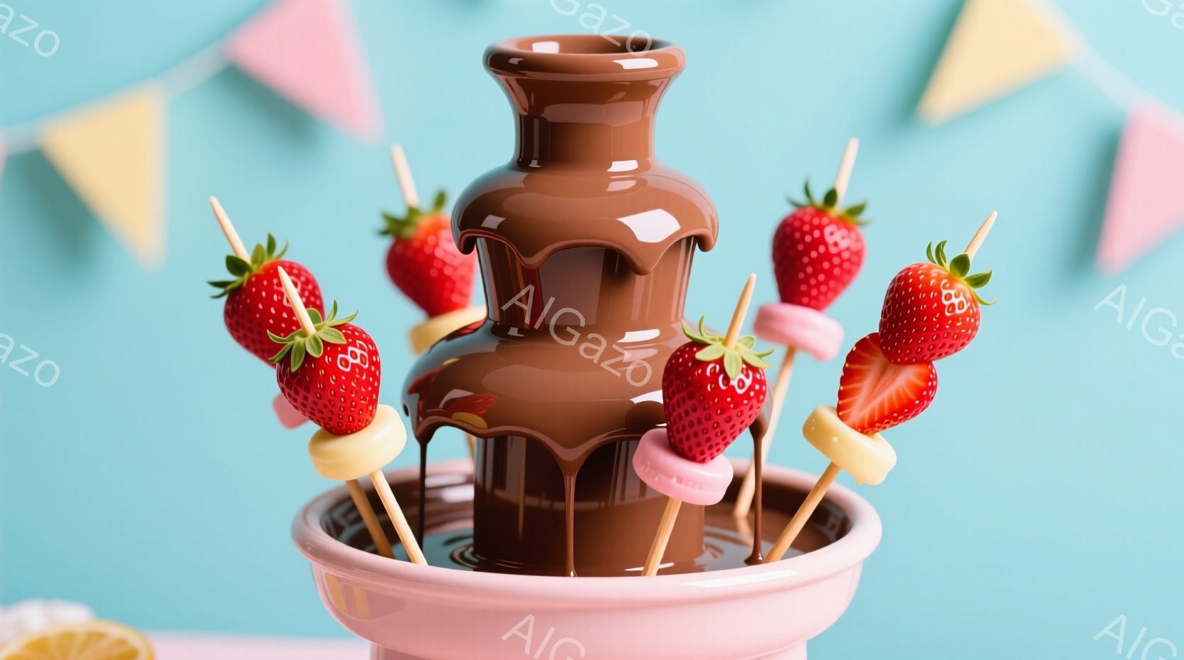 ピンク色の台座に設置されたチョコレートファウンテンが中央にあり、溶けたチョコレートが層状に流れています。いちごやマシュマロが串に刺され、ファウンテンに浸されています。背景は水色の壁で、上部にピンクと黄 - AI生成フリー素材