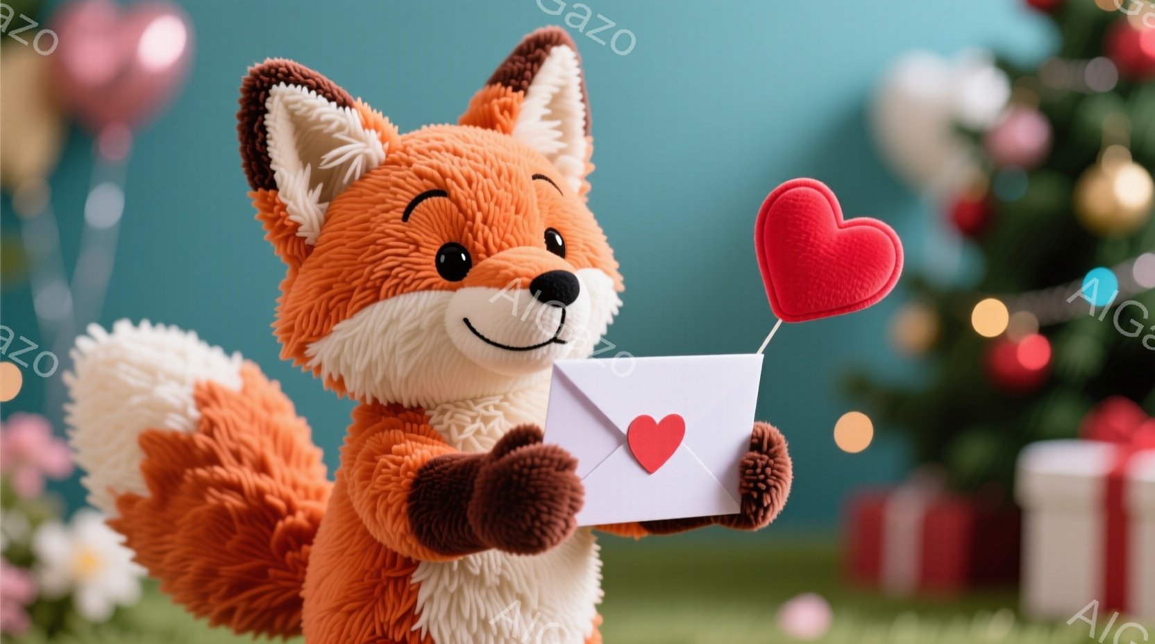 鮮やかなオレンジ色の毛並みを持つ狐のぬいぐるみが、白い封筒と赤いハートの付いた手紙を抱えています。表情は穏やかで微笑んでおり、背景にはぼやけたクリスマスツリーやプレゼントが見え、暖かくロマンチックな雰 - AI生成フリー素材