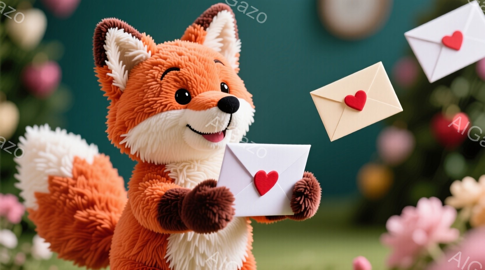 オレンジ色のふわふわした狐が、白い封筒を数通手に持っています。背景にはピンクと白の花が咲き乱れ、柔らかな光が全体を包み込んでいます。愛情のこもった雰囲気で、まるでバレンタインデーのカードを配っているようです。