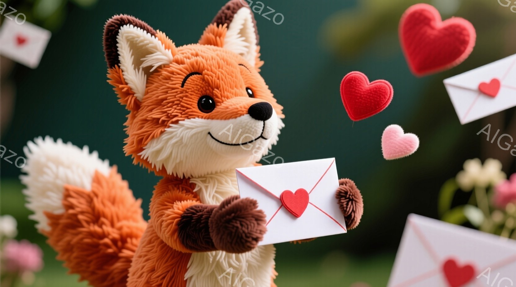 鮮やかなオレンジ色の毛並みを持つキツネのぬいぐるみは、両手に白い封筒を抱えています。封筒には赤いハートが描かれており、周囲には浮遊するハートが散りばめられています。背景には緑の植物と花がぼんやりと見え - AI生成フリー素材