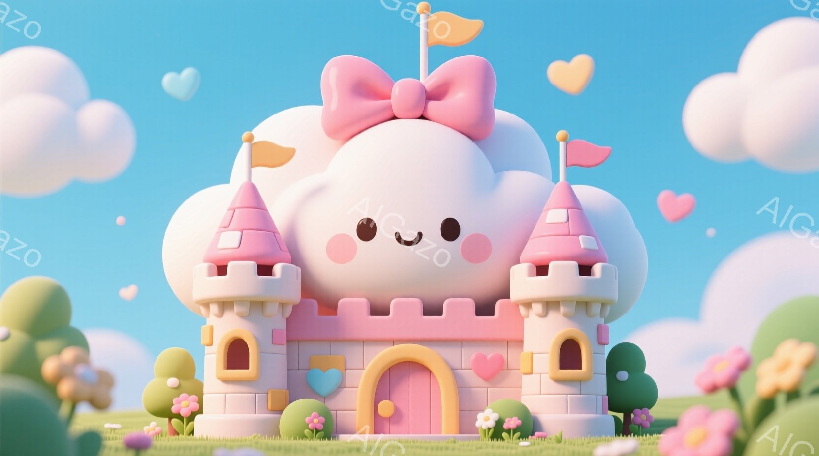 柔らかいピンクと白を基調とした、可愛らしいお城が描かれています。お城には愛らしい表情と、ピンク色の大きなリボンがあしらわれており、周りにはハートや花が散りばめられています。背景は明るい青空とふわふわと - AI生成フリー素材