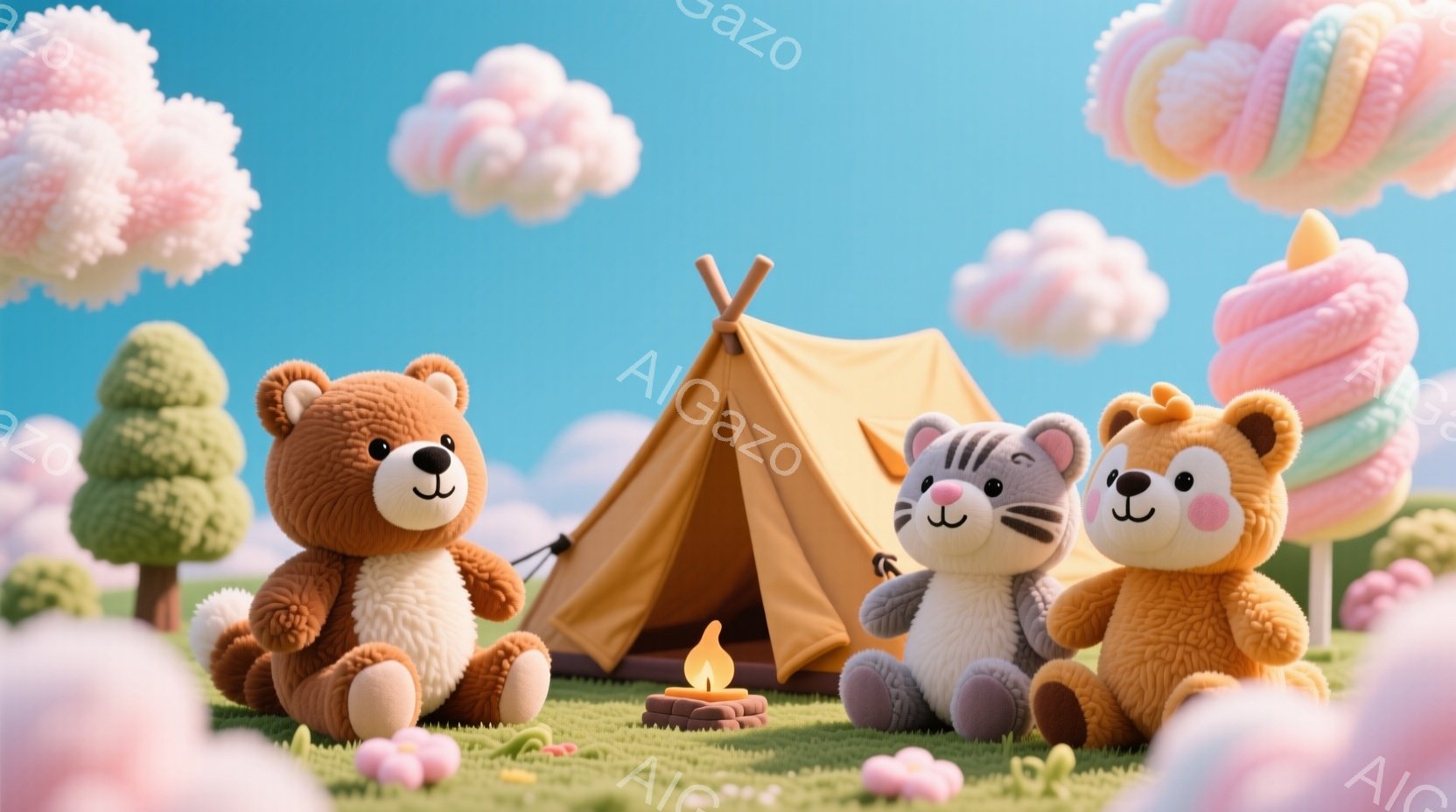ぬいぐるみのようなクマ、猫、もう一匹のクマが、緑の芝生の上に座ってキャンプファイヤーを囲んでいます。背景には、キャンディのような雲と木々が並び、鮮やかな青空が広がっています。全体的に、明るく、遊び心が - AI生成フリー素材